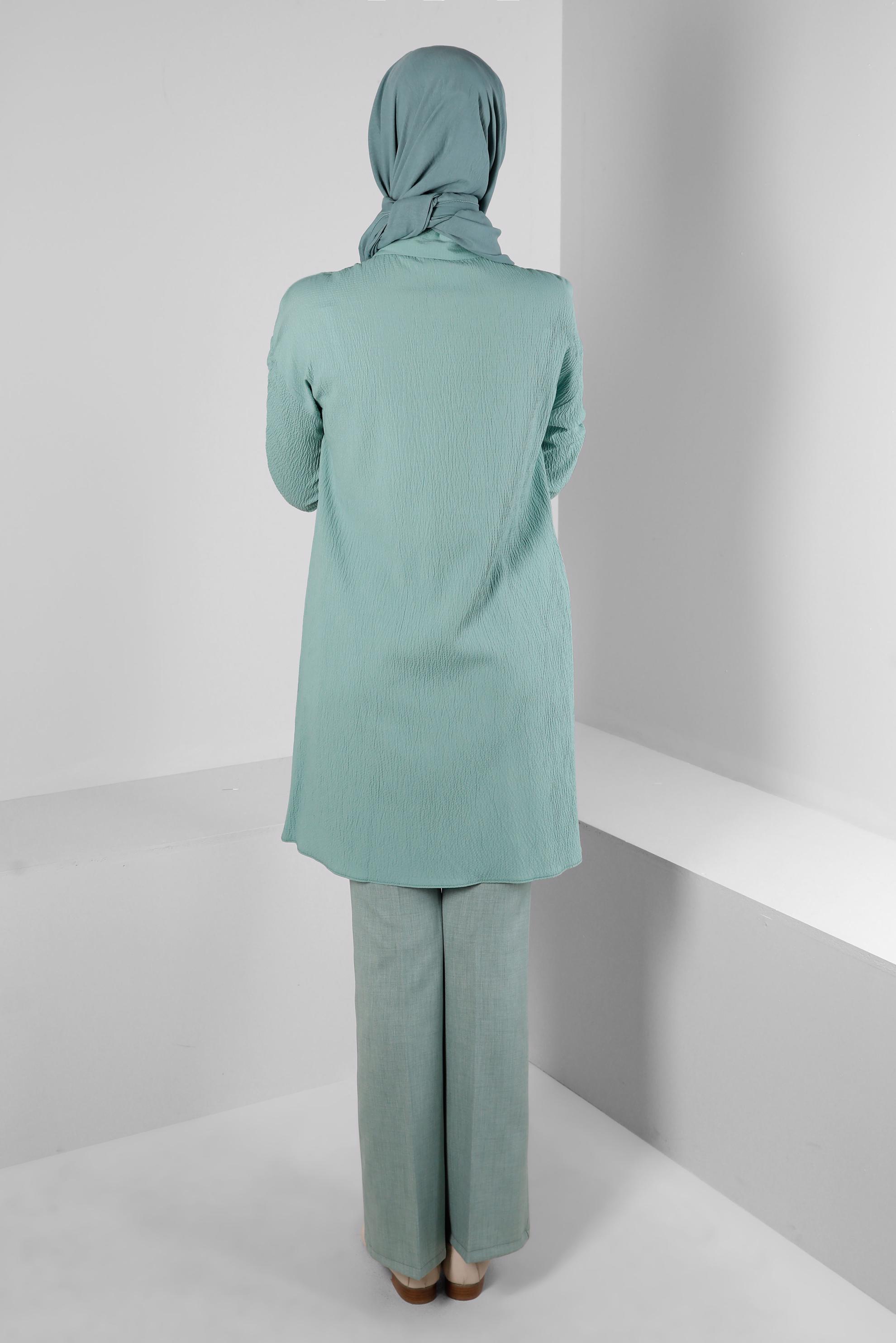 Tesettür giyim YEŞİL KOLU BÜZGÜLÜ GÖMLEK TUNİK 43604