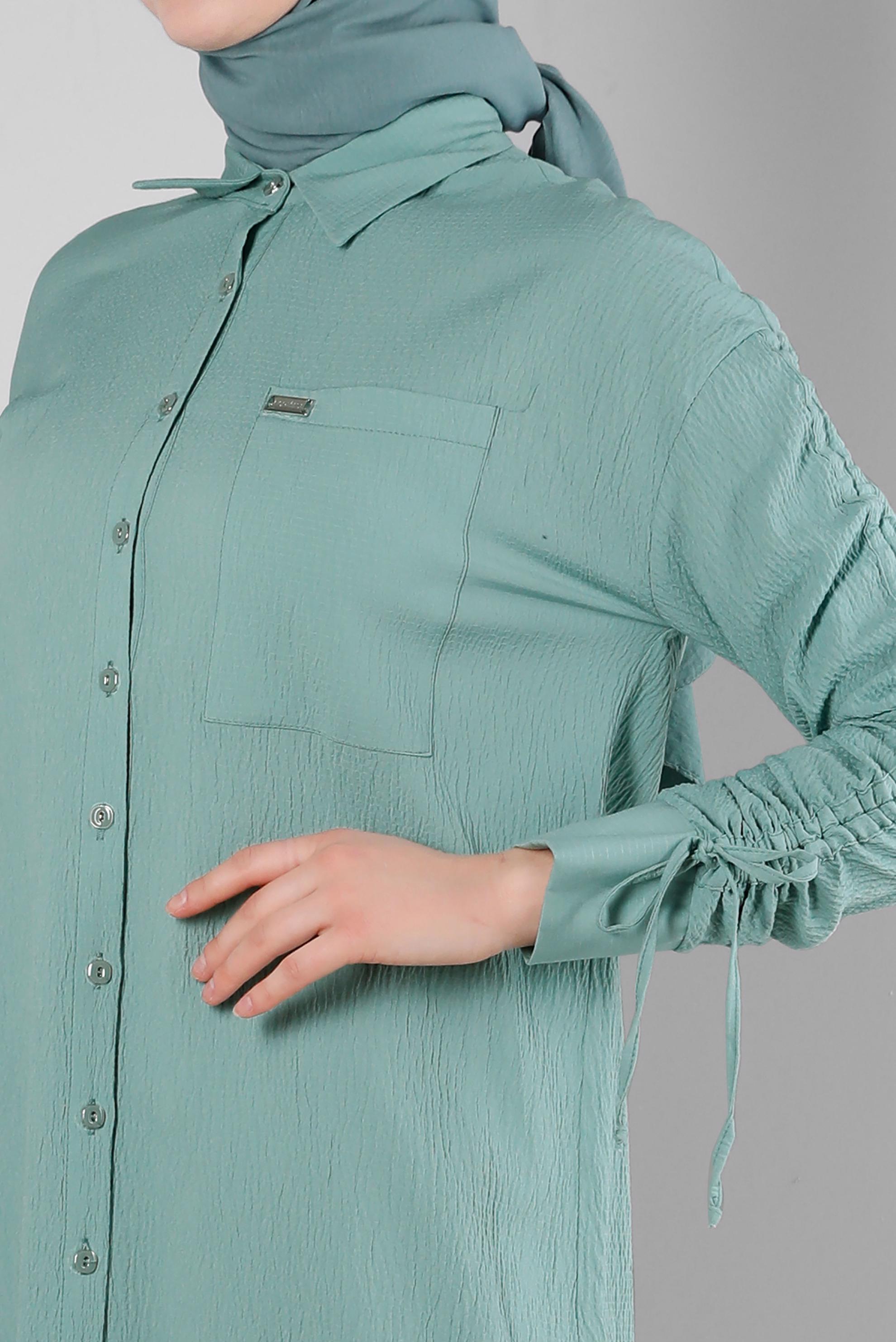 Tesettür giyim YEŞİL KOLU BÜZGÜLÜ GÖMLEK TUNİK 43604