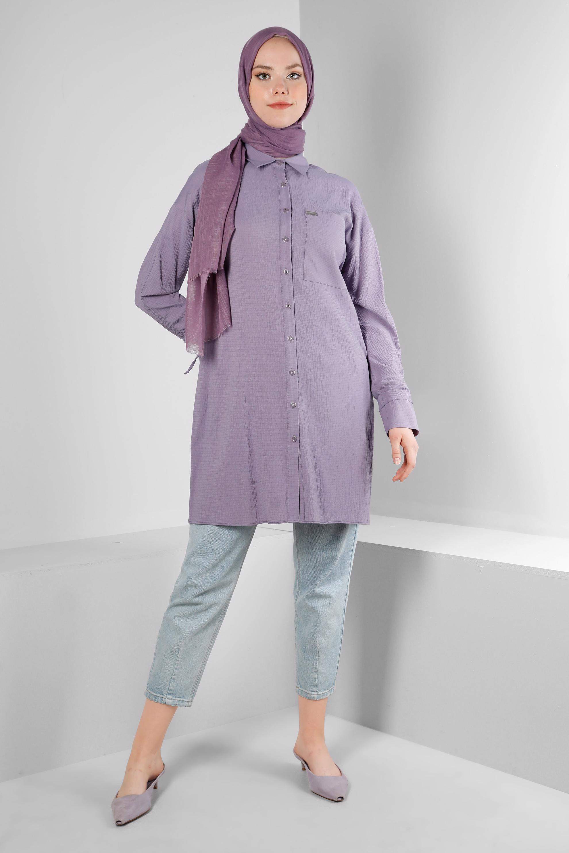 Tesettür giyim MÜRDÜM KOLU BÜZGÜLÜ GÖMLEK TUNİK 43604