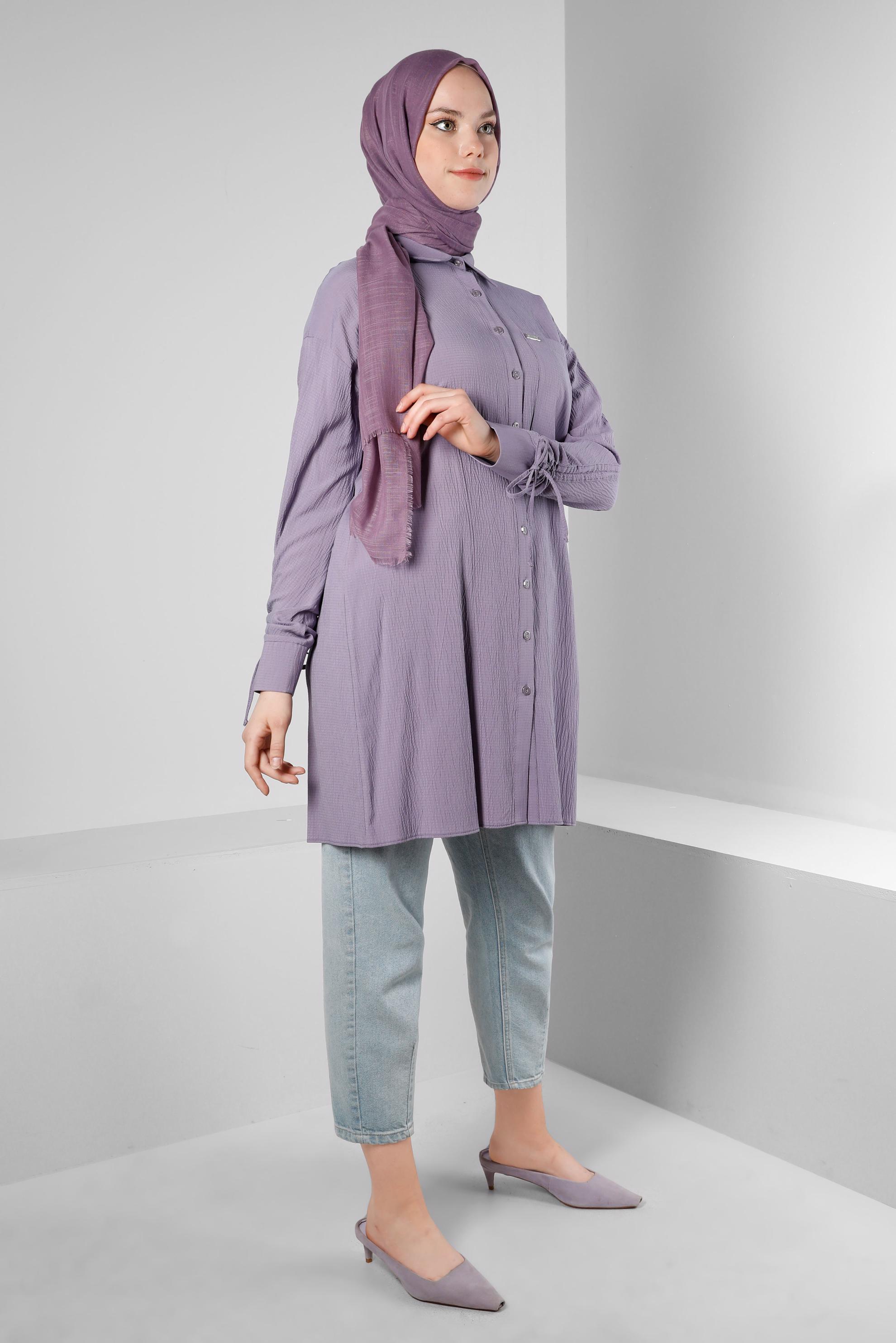 Tesettür giyim MÜRDÜM KOLU BÜZGÜLÜ GÖMLEK TUNİK 43604