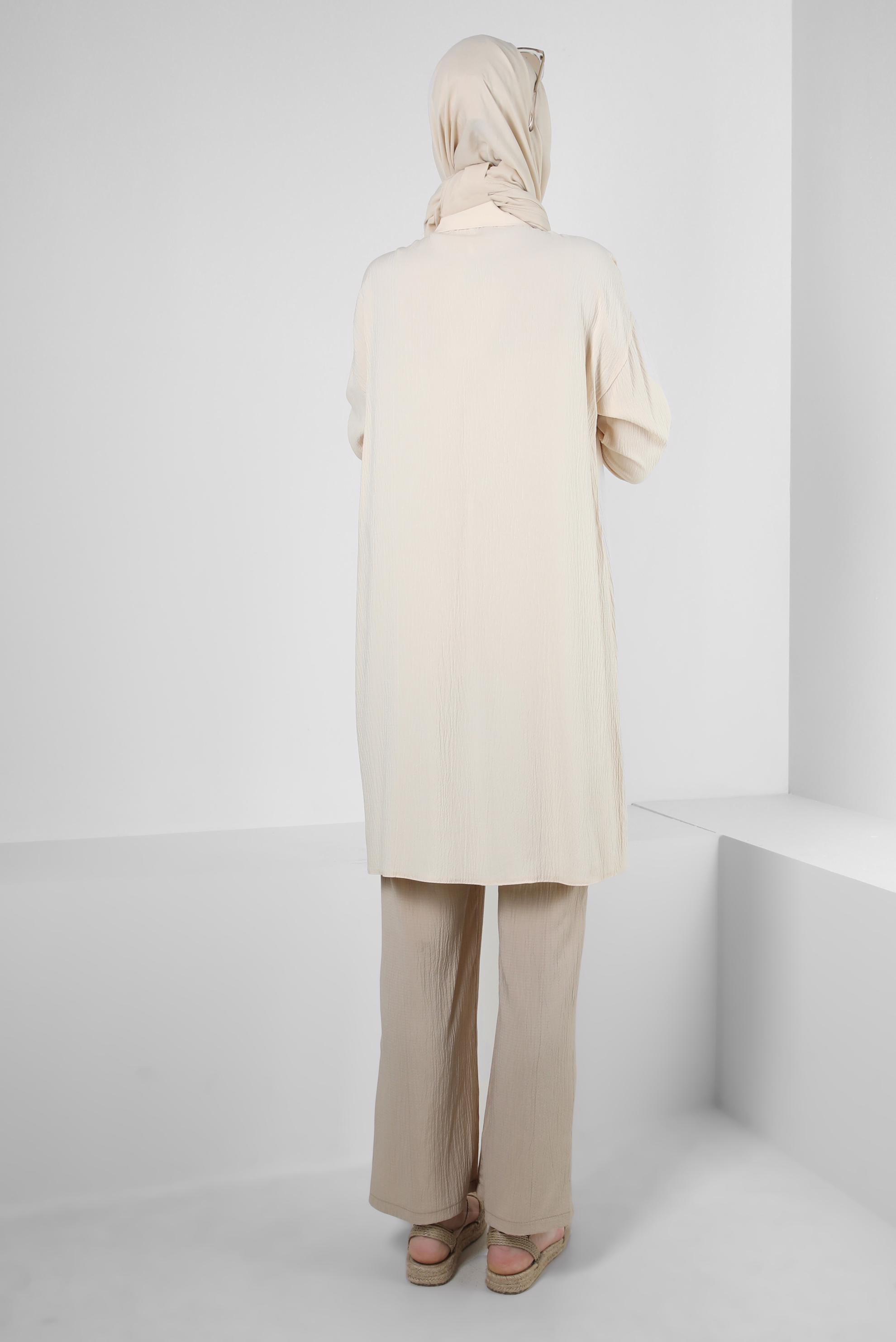 Tesettür giyim EKRU KOLU BÜZGÜLÜ GÖMLEK TUNİK 43604