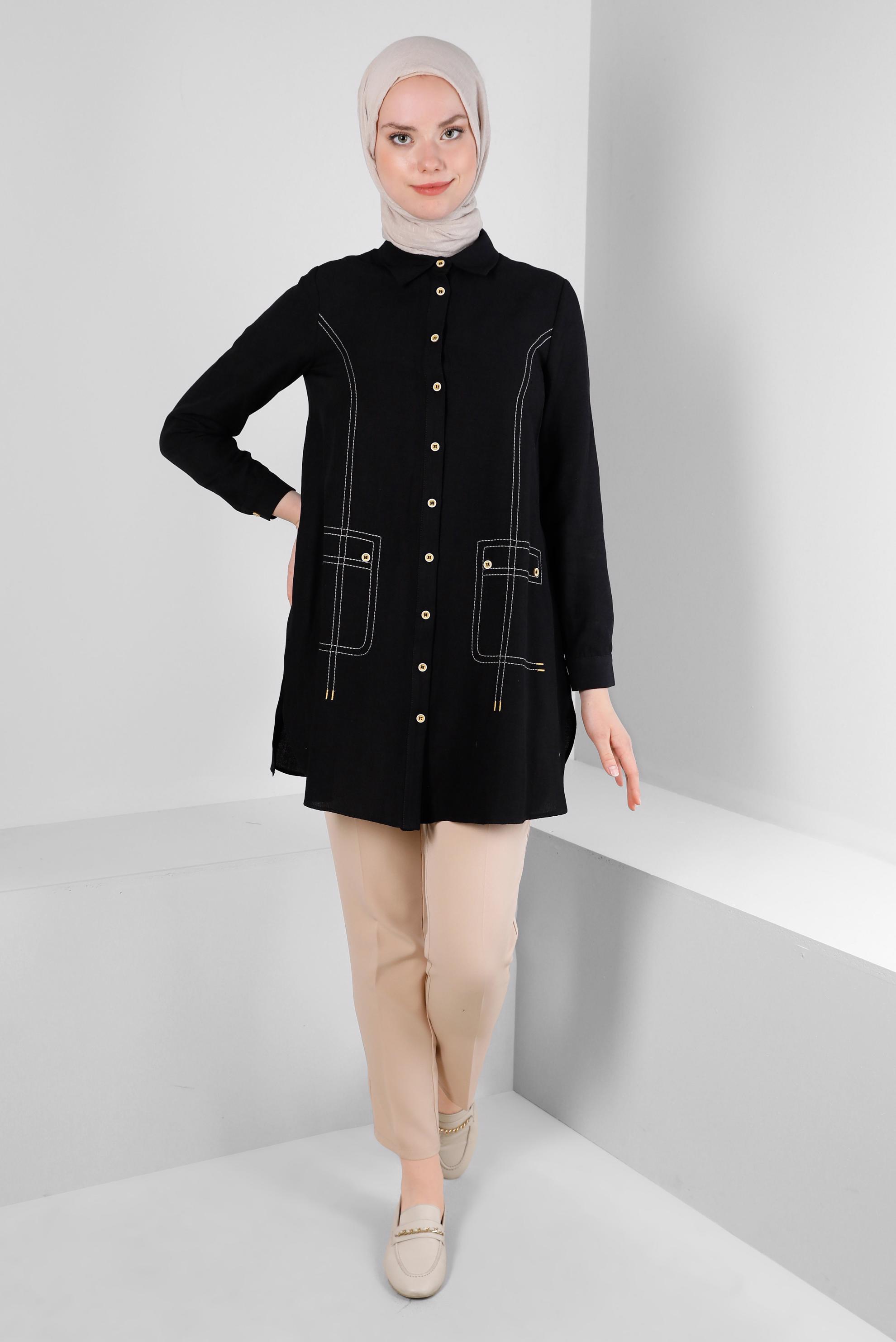 Tesettür giyim SİYAH DİKİŞ DETAYLI GÖMLEK TUNİK 43605