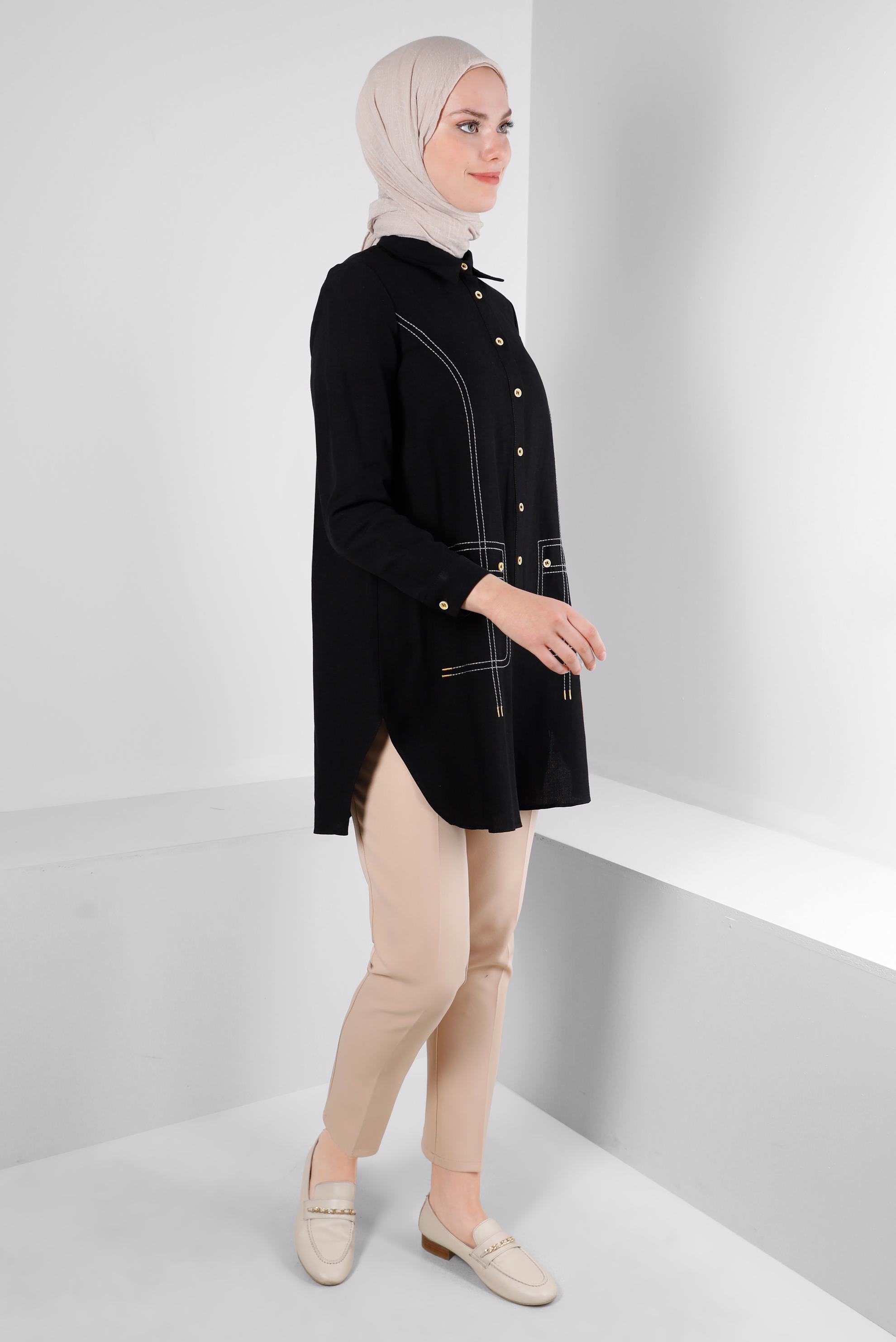 Tesettür giyim SİYAH DİKİŞ DETAYLI GÖMLEK TUNİK 43605