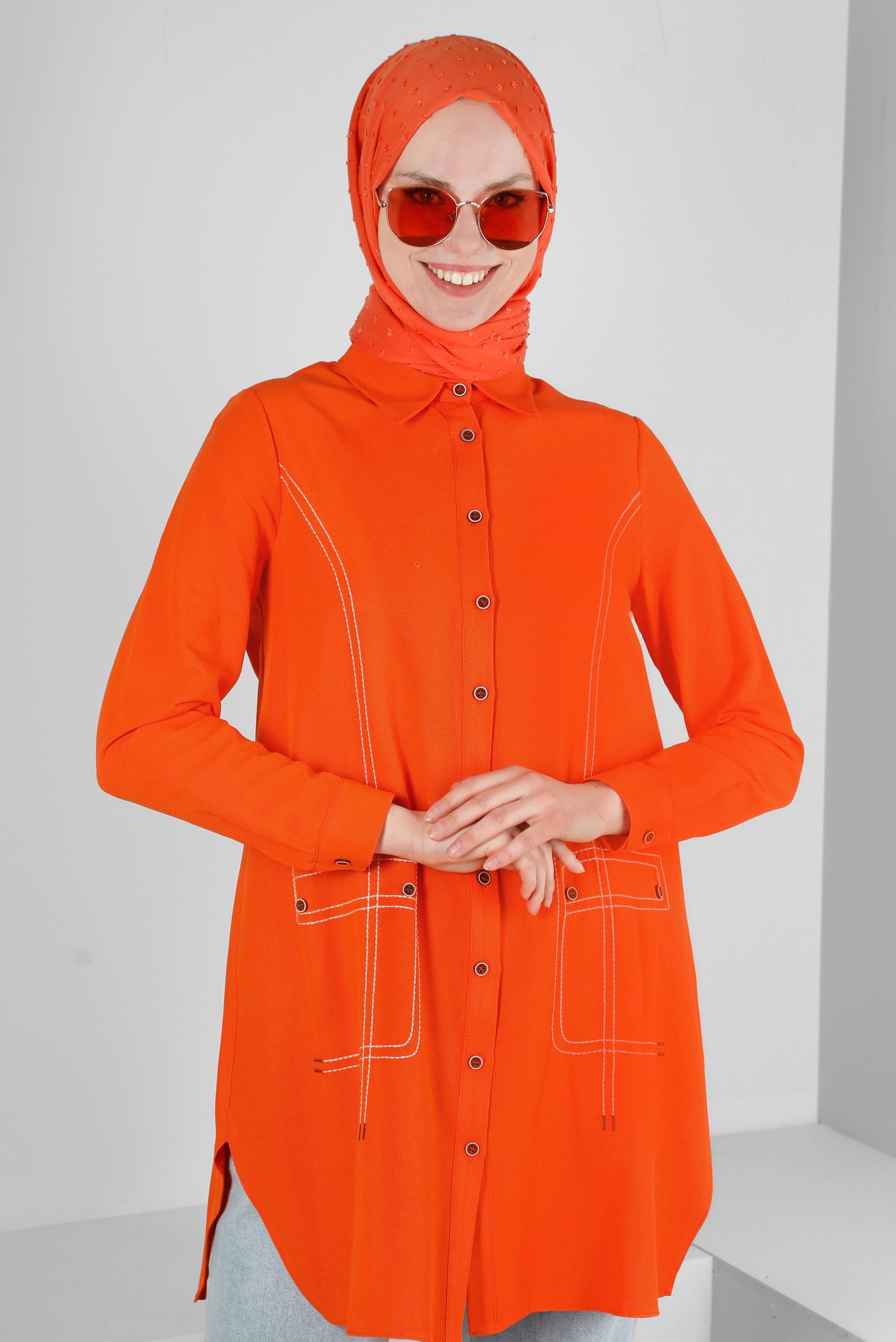 Tesettür giyim TURUNCU DİKİŞ DETAYLI GÖMLEK TUNİK 43605