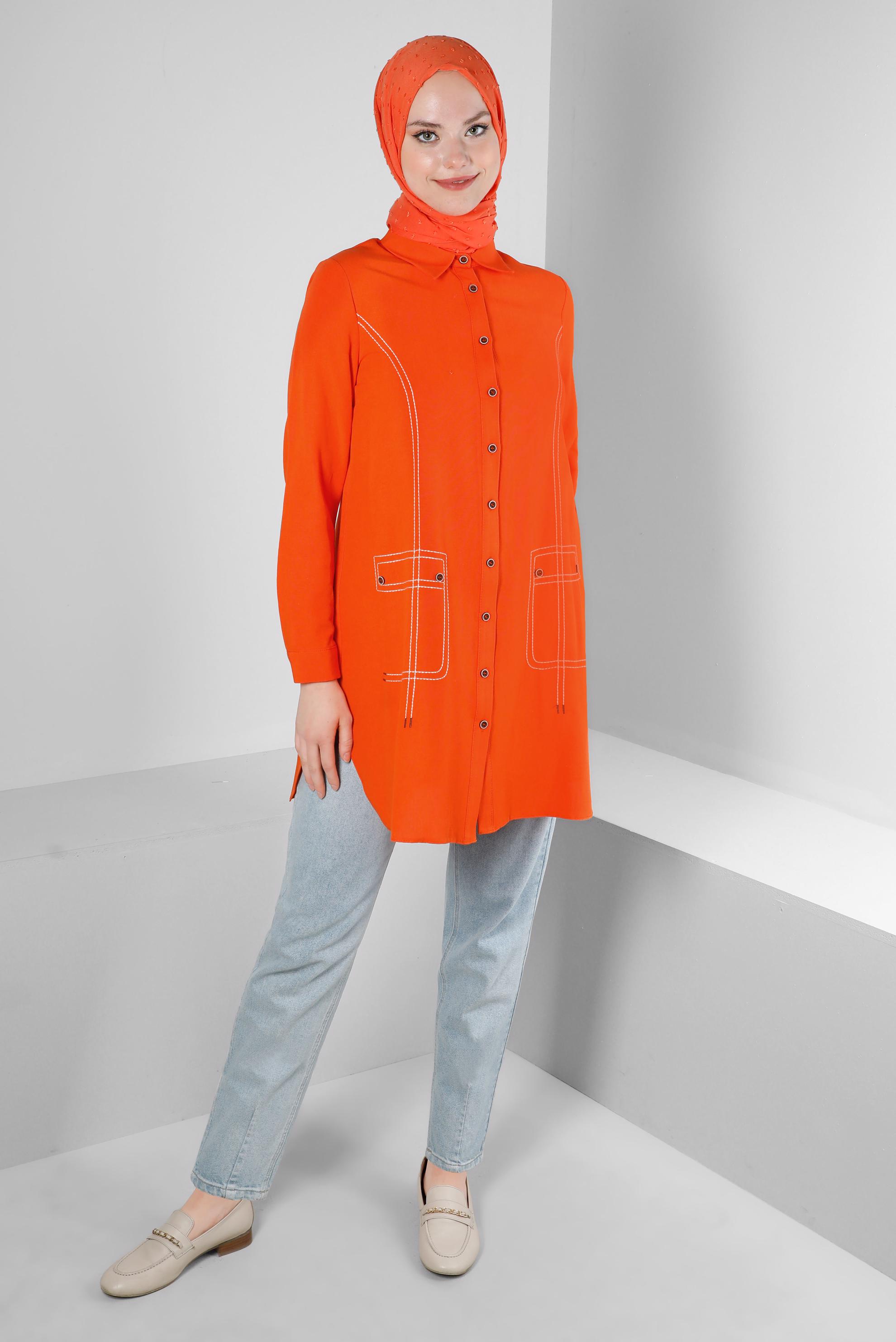 Tesettür giyim TURUNCU DİKİŞ DETAYLI GÖMLEK TUNİK 43605