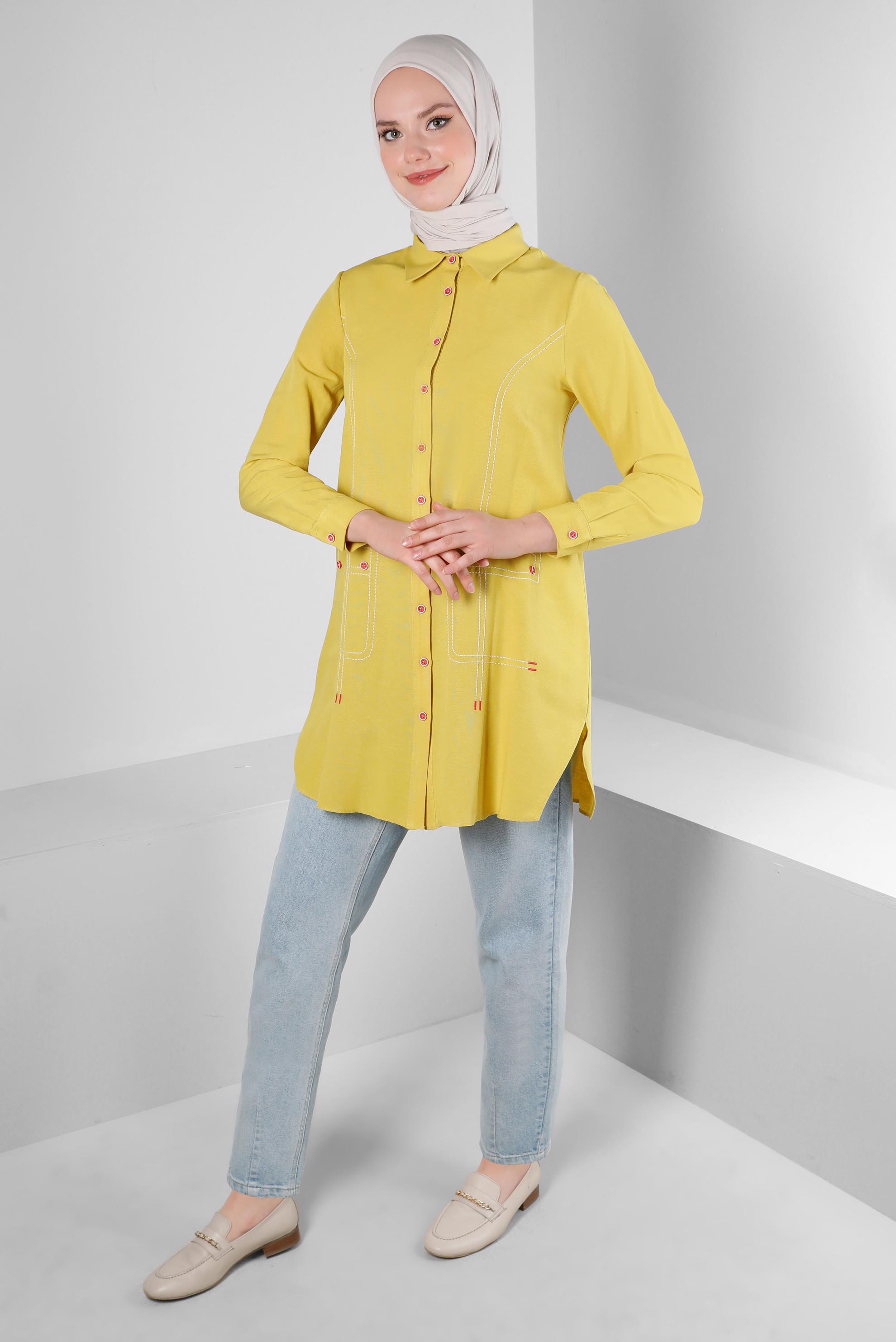 Tesettür giyim SARI DİKİŞ DETAYLI GÖMLEK TUNİK 43605