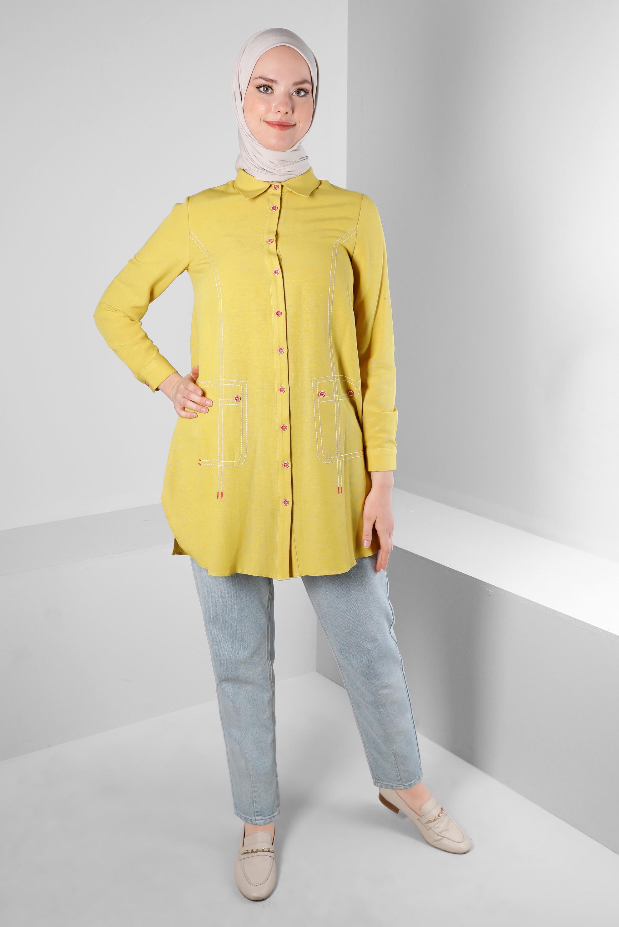 Tesettür giyim SARI DİKİŞ DETAYLI GÖMLEK TUNİK 43605