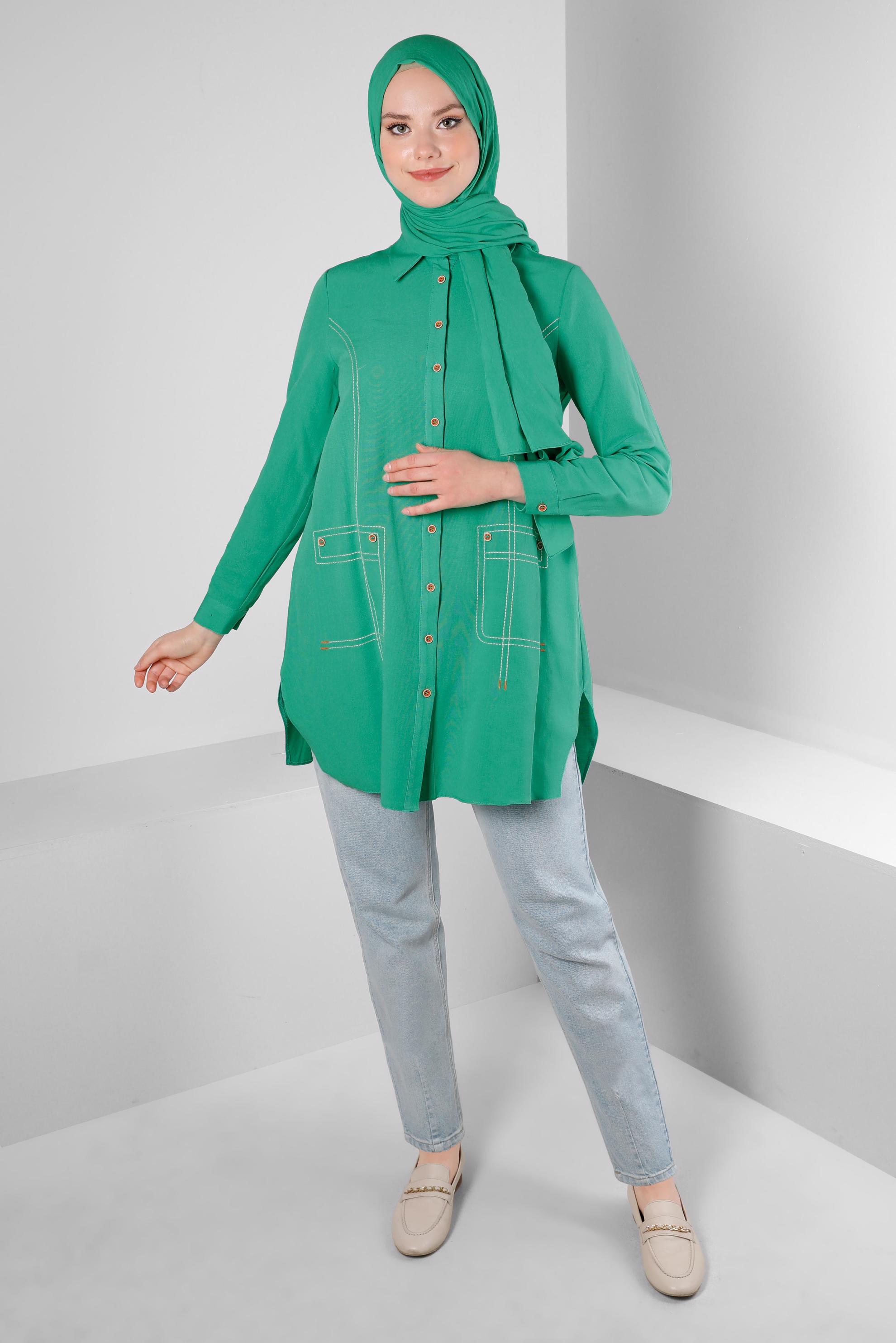 Tesettür giyim YEŞİL DİKİŞ DETAYLI GÖMLEK TUNİK 43605