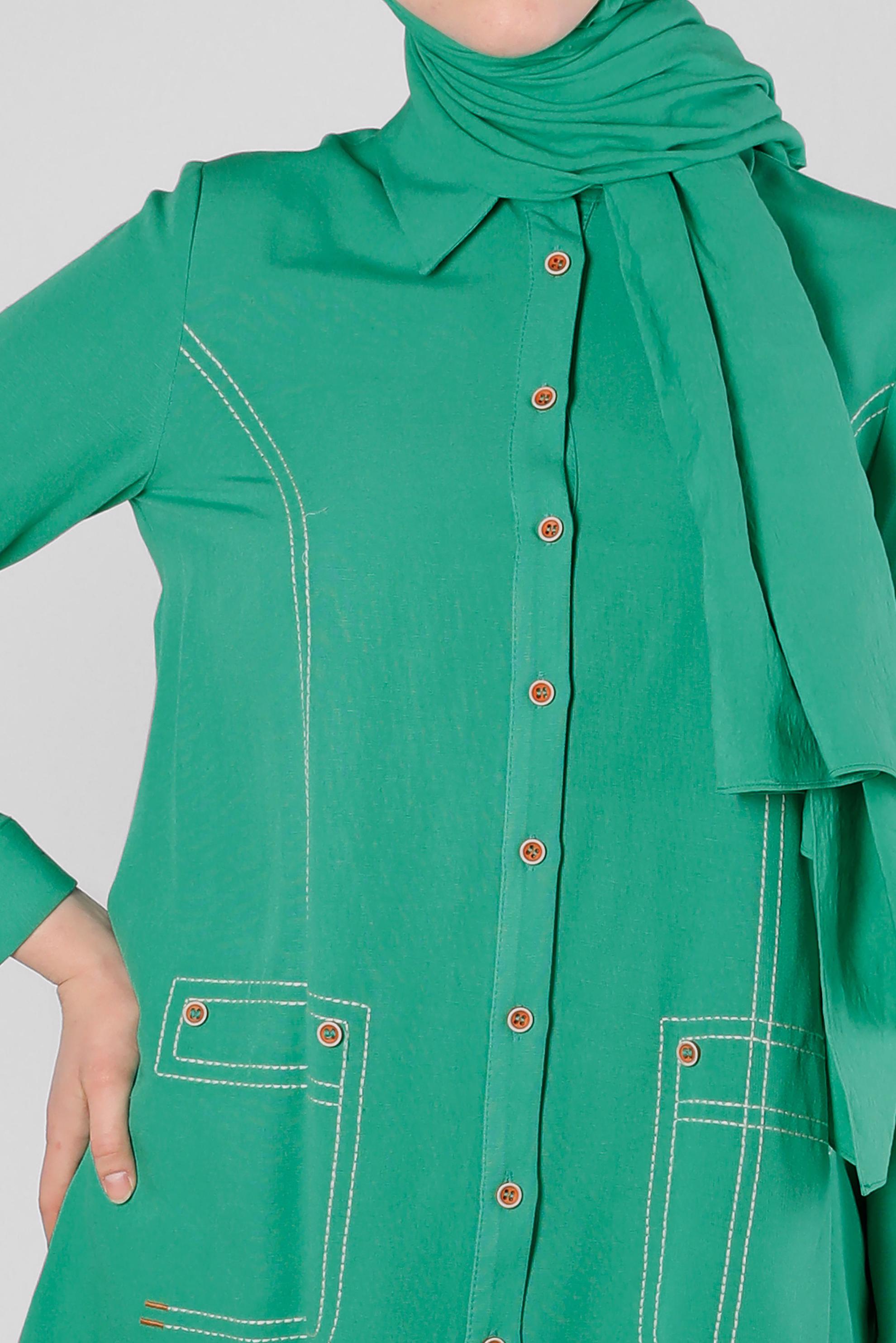 Tesettür giyim YEŞİL DİKİŞ DETAYLI GÖMLEK TUNİK 43605