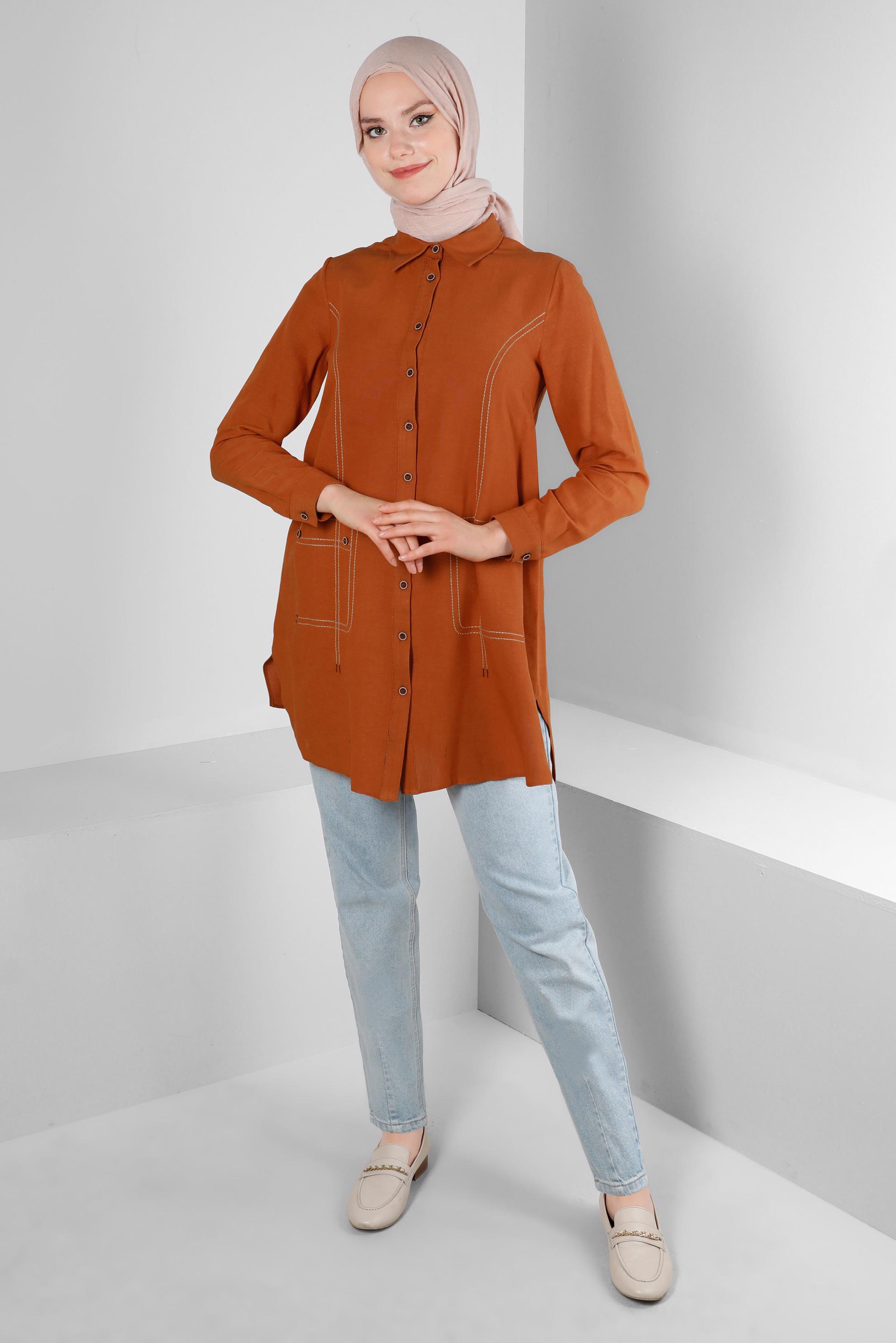 Tesettür giyim TURUNCU DİKİŞ DETAYLI GÖMLEK TUNİK 43605