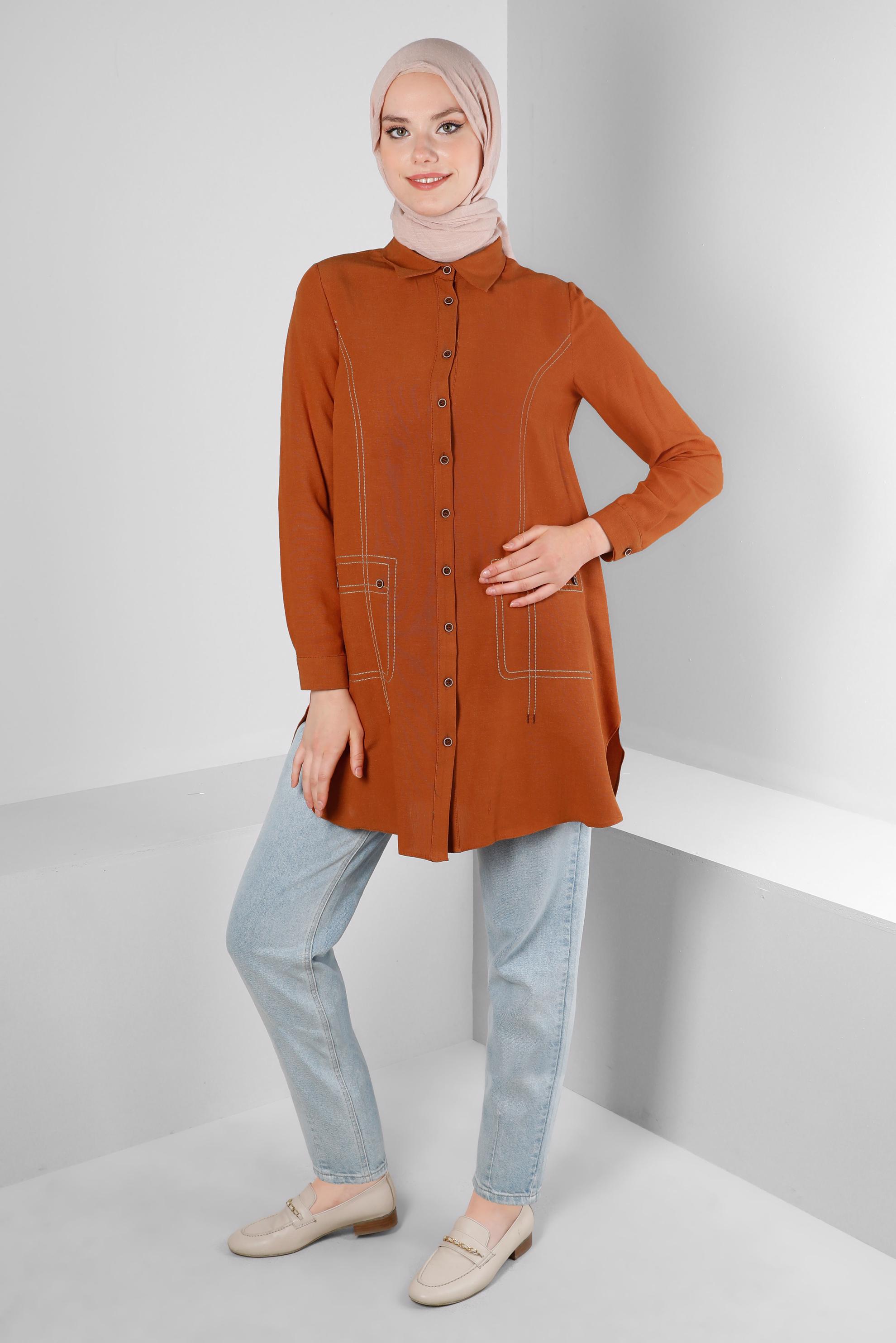 Tesettür giyim TURUNCU DİKİŞ DETAYLI GÖMLEK TUNİK 43605