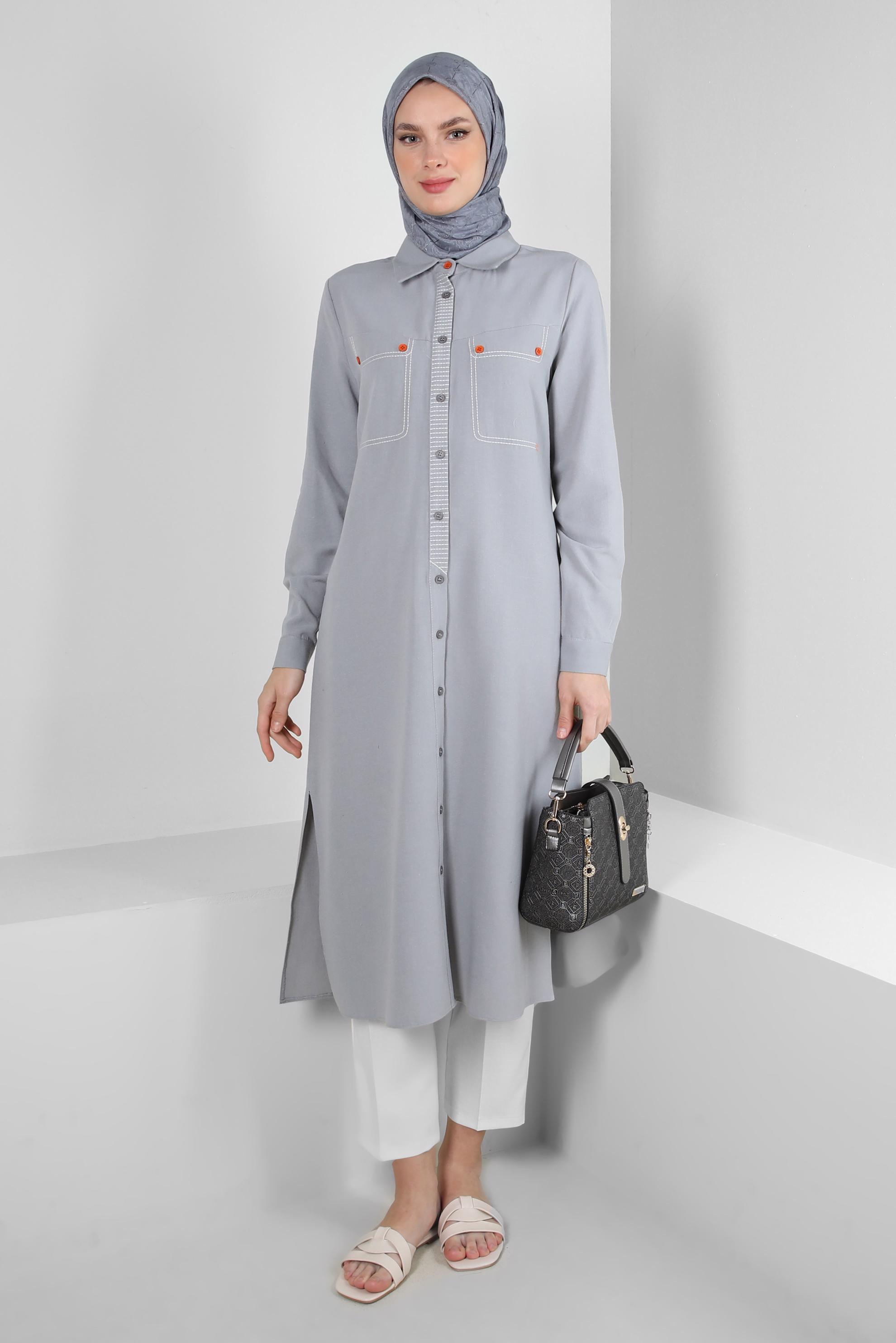 Tesettür giyim GRİ DİKİŞ DETAYLI DÜĞMELİ KETEN TUNİK 43606