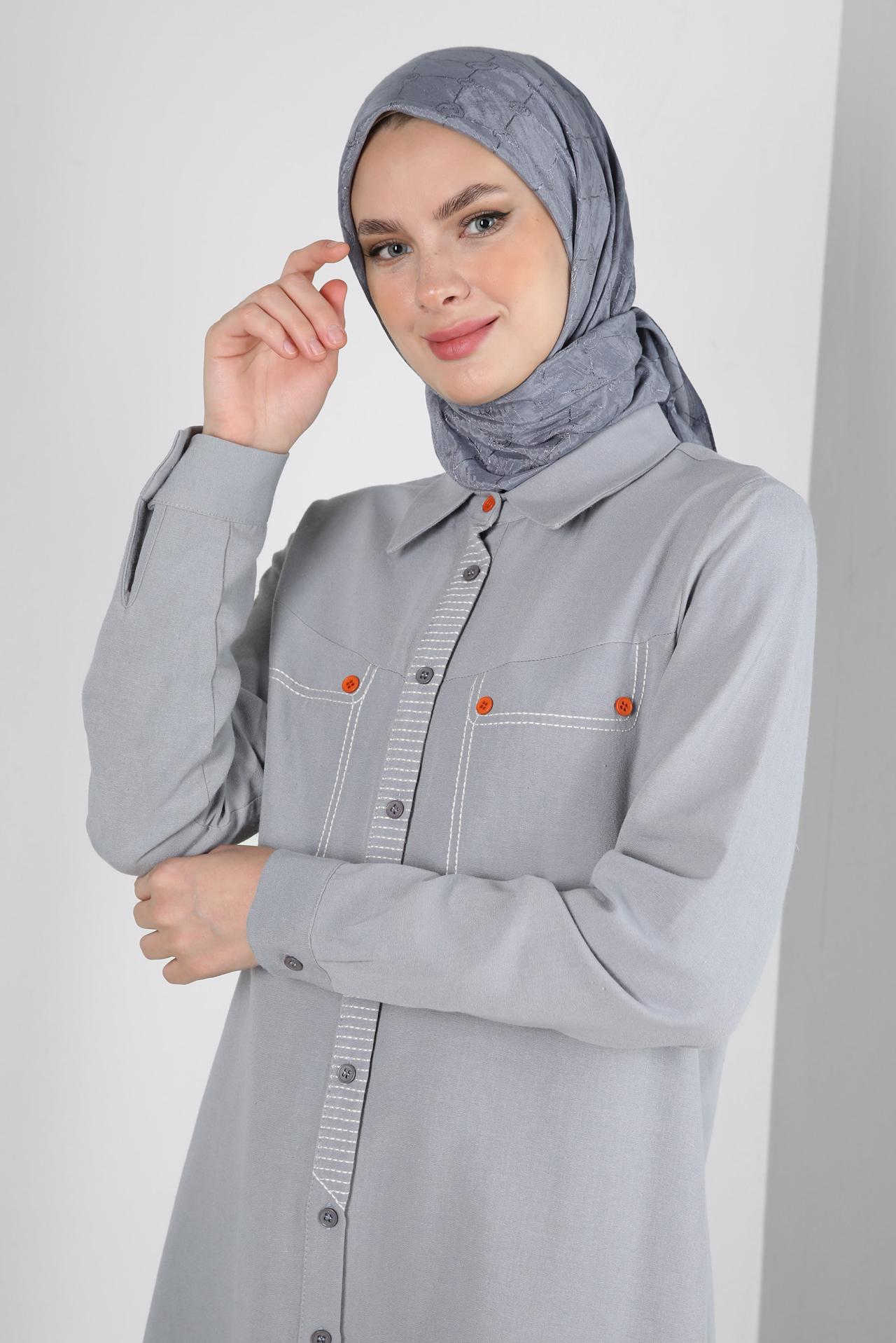 Tesettür giyim GRİ DİKİŞ DETAYLI DÜĞMELİ KETEN TUNİK 43606