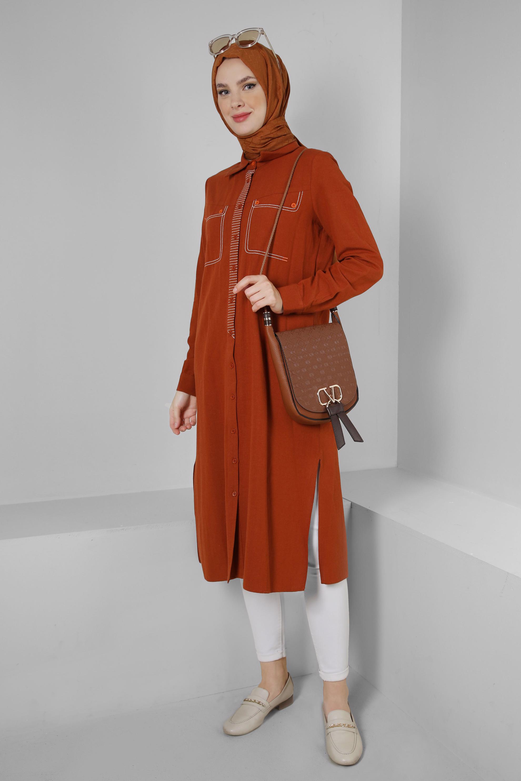 Tesettür giyim TURUNCU DİKİŞ DETAYLI DÜĞMELİ KETEN TUNİK 43606