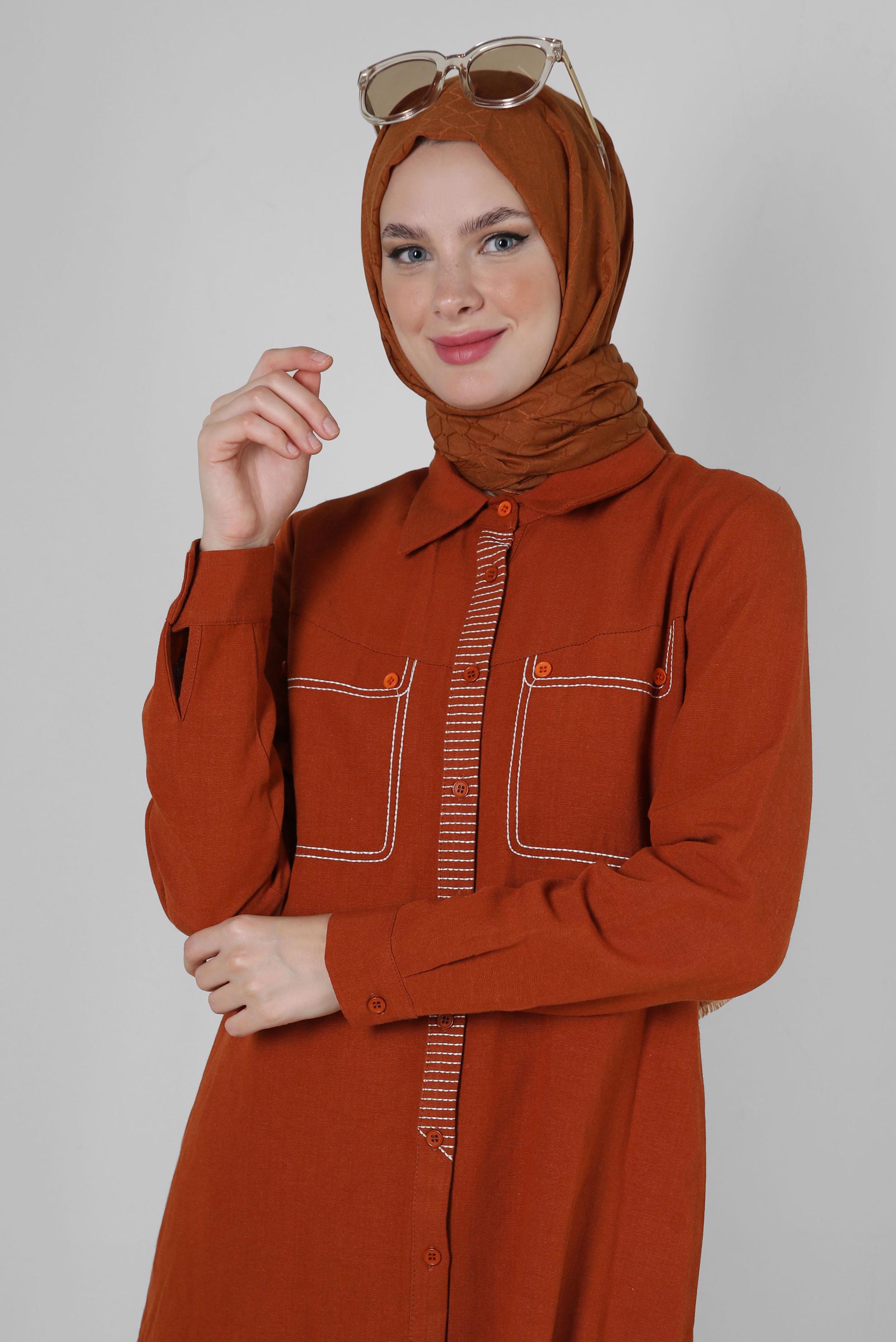 Tesettür giyim TURUNCU DİKİŞ DETAYLI DÜĞMELİ KETEN TUNİK 43606