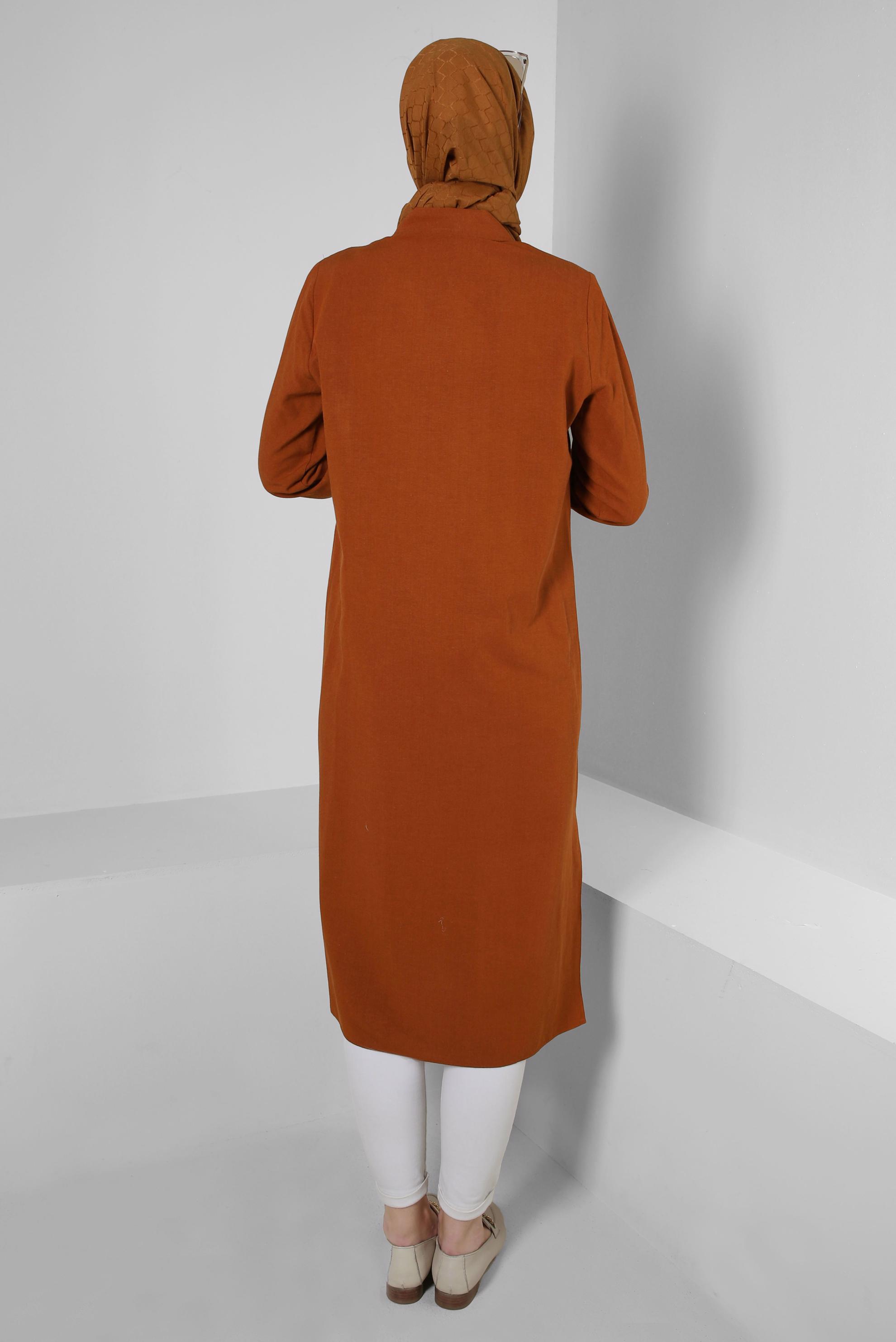 Tesettür giyim TURUNCU DİKİŞ DETAYLI DÜĞMELİ KETEN TUNİK 43606