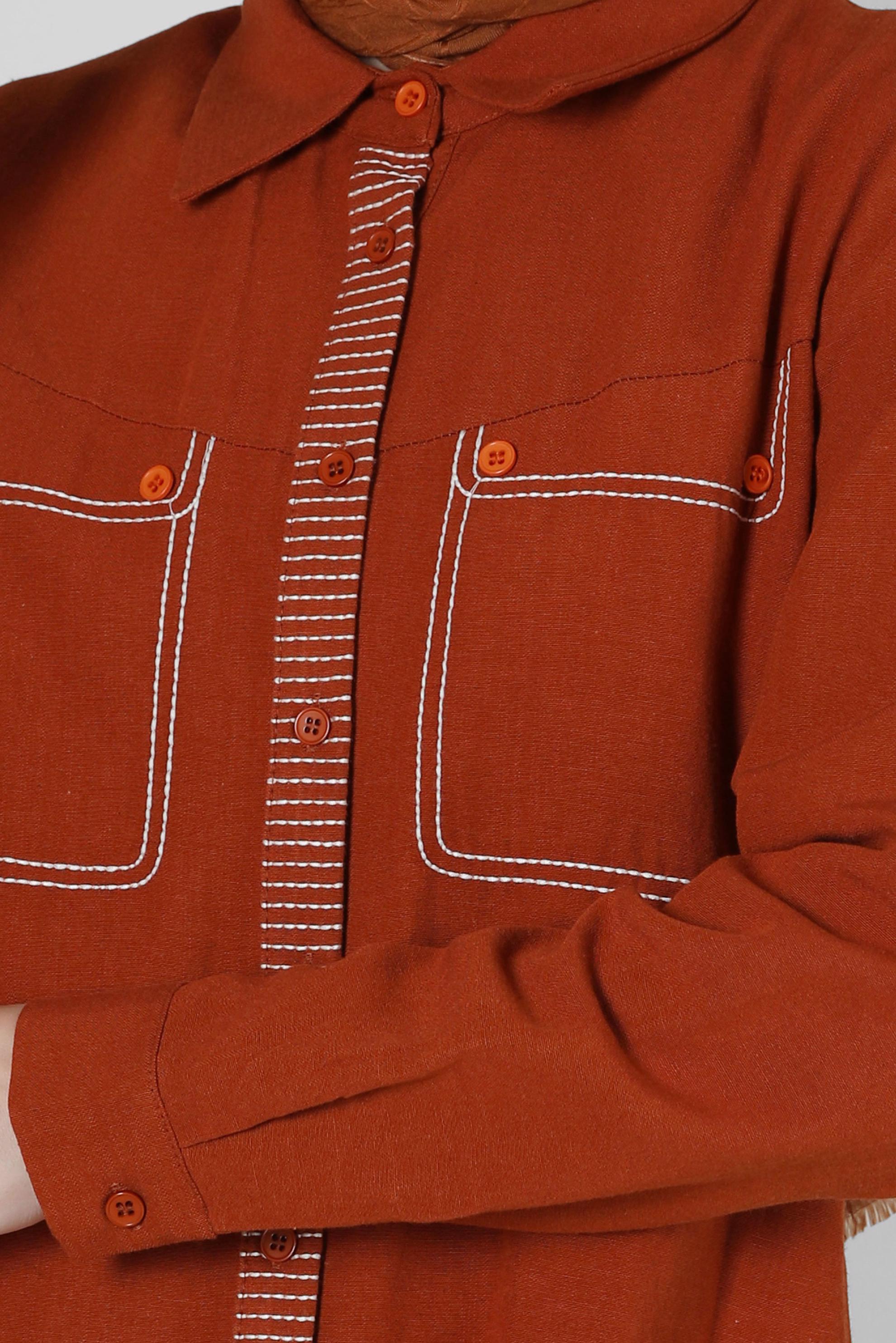 Tesettür giyim TURUNCU DİKİŞ DETAYLI DÜĞMELİ KETEN TUNİK 43606