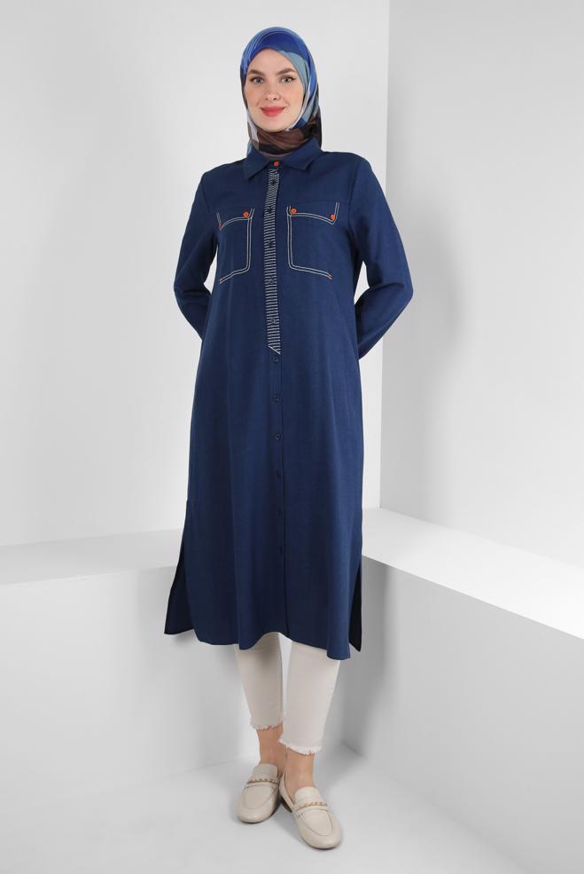 Tesettür giyim  DİKİŞ DETAYLI DÜĞMELİ KETEN TUNİK 43606 - ALVİNA