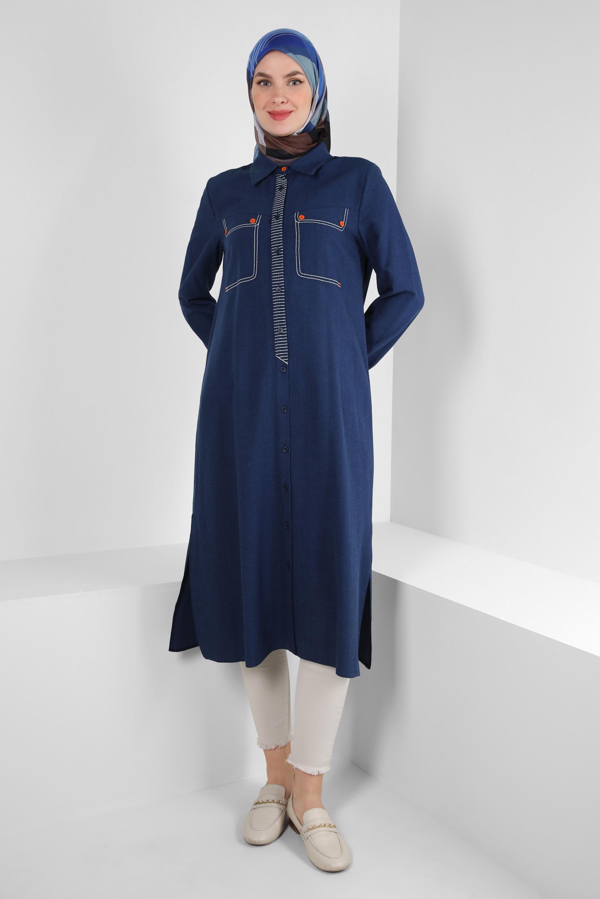 Tesettür giyim LACİVERT DİKİŞ DETAYLI DÜĞMELİ KETEN TUNİK 43606