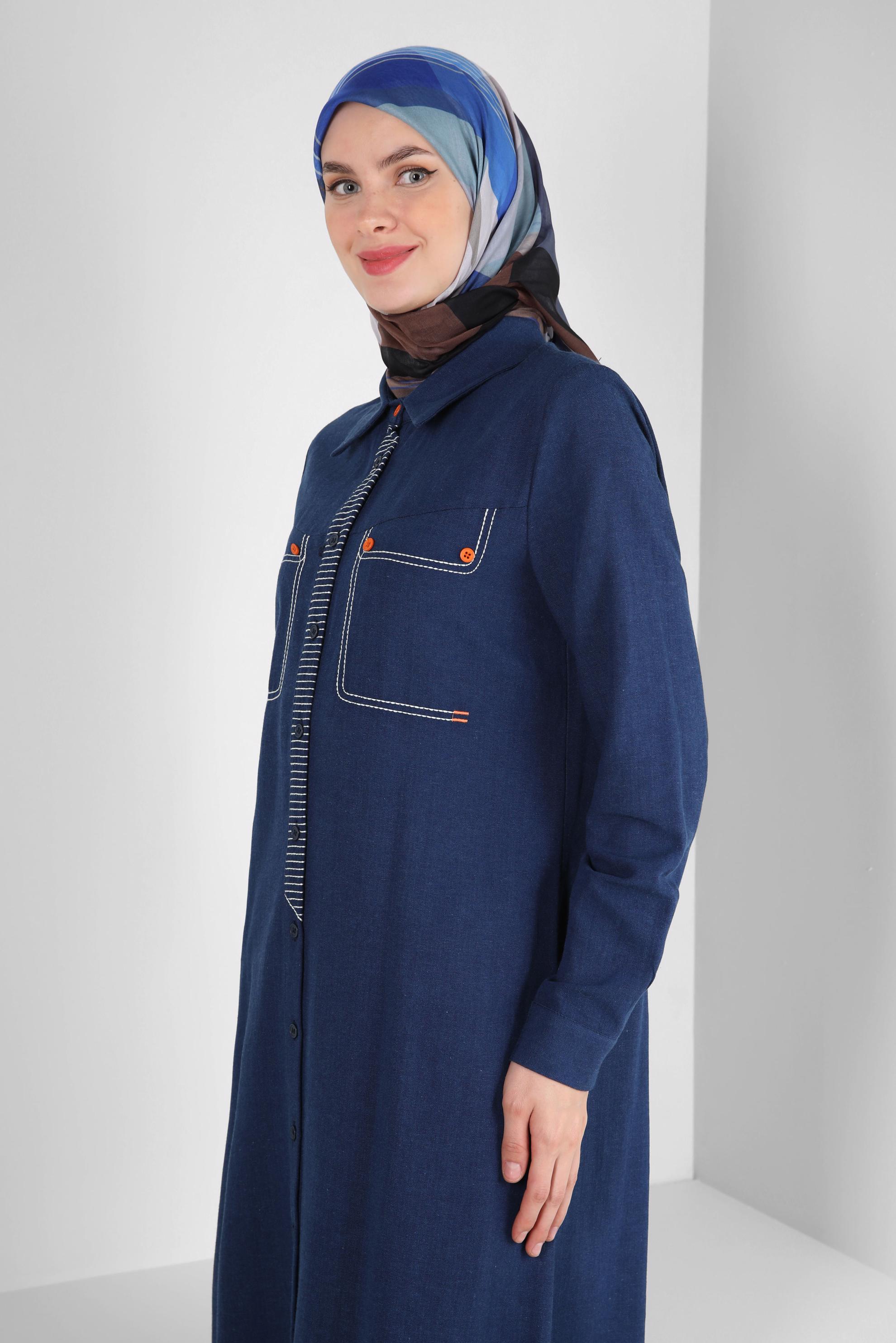 Tesettür giyim LACİVERT DİKİŞ DETAYLI DÜĞMELİ KETEN TUNİK 43606