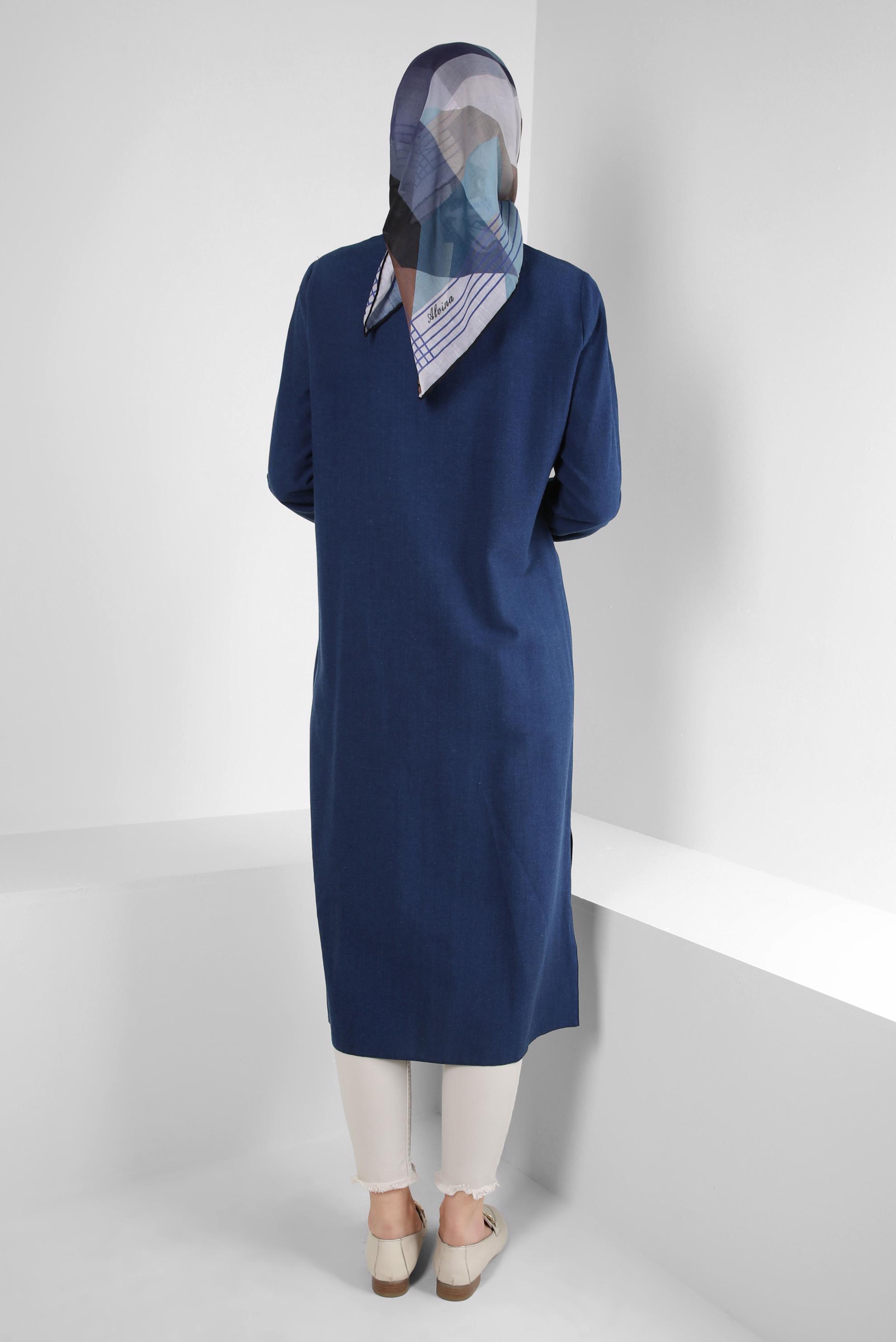 Tesettür giyim LACİVERT DİKİŞ DETAYLI DÜĞMELİ KETEN TUNİK 43606