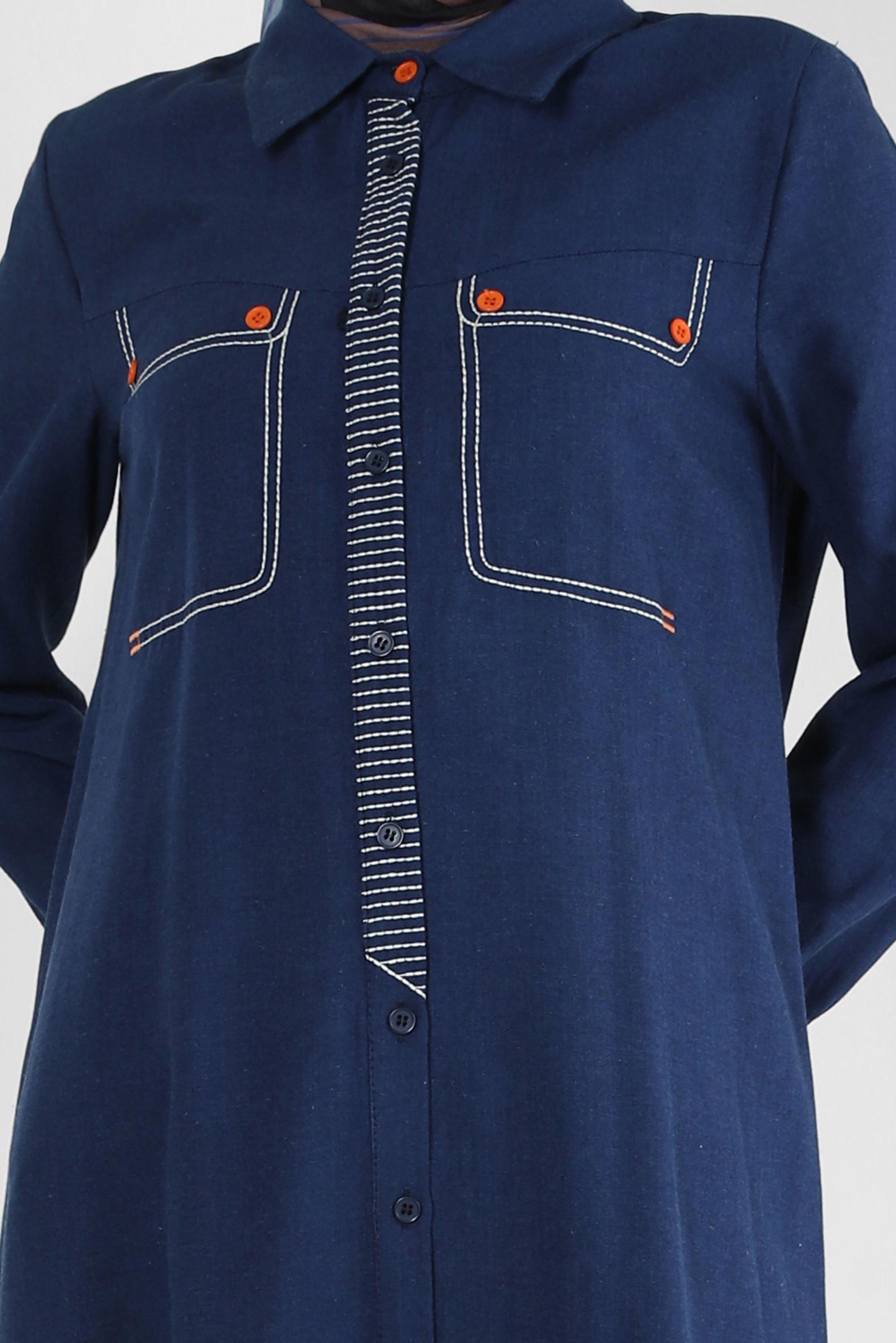 Tesettür giyim LACİVERT DİKİŞ DETAYLI DÜĞMELİ KETEN TUNİK 43606