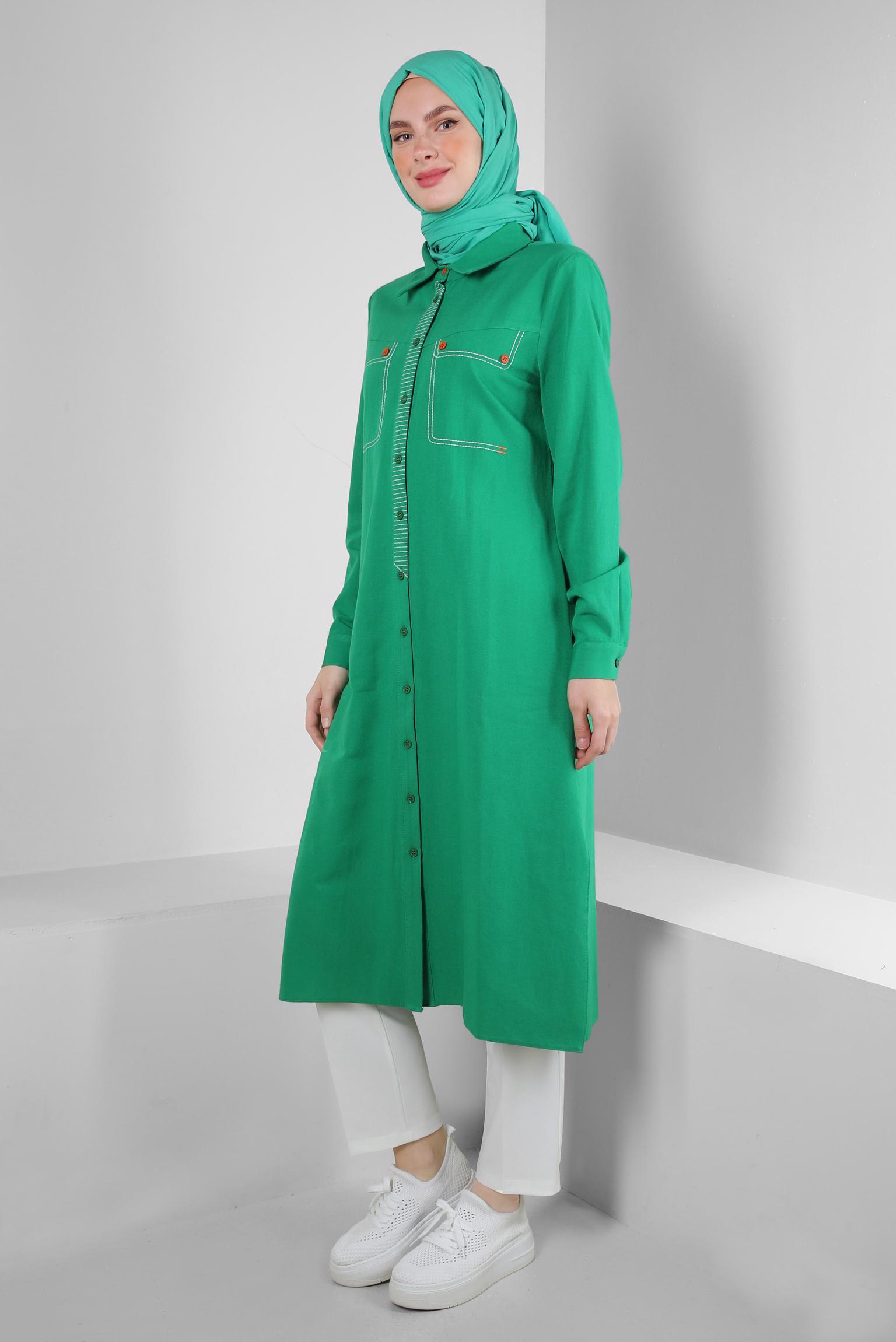 Tesettür giyim YEŞİL DİKİŞ DETAYLI DÜĞMELİ KETEN TUNİK 43606