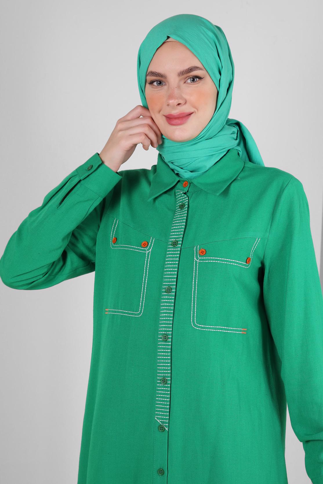 Tesettür giyim YEŞİL DİKİŞ DETAYLI DÜĞMELİ KETEN TUNİK 43606