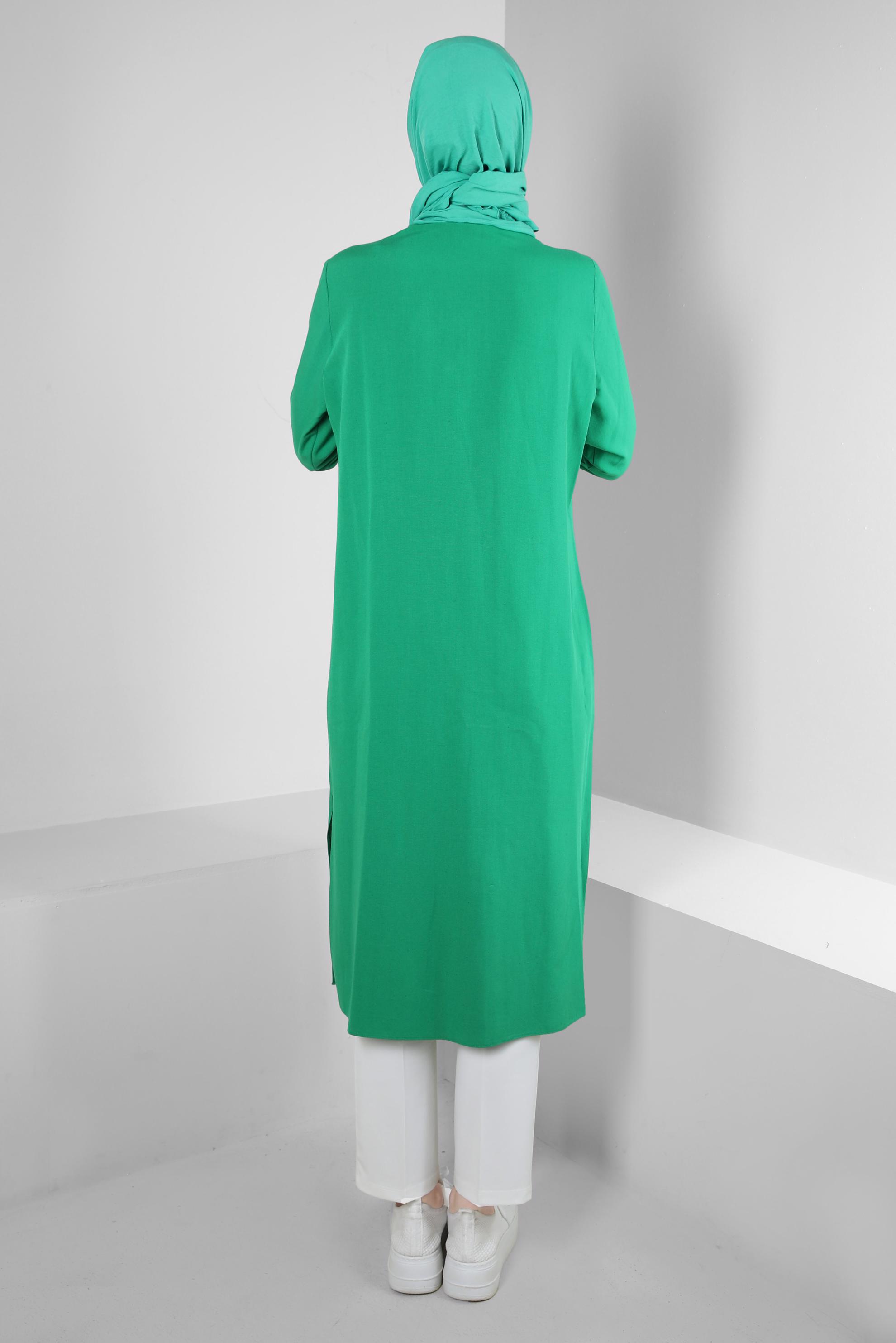 Tesettür giyim YEŞİL DİKİŞ DETAYLI DÜĞMELİ KETEN TUNİK 43606