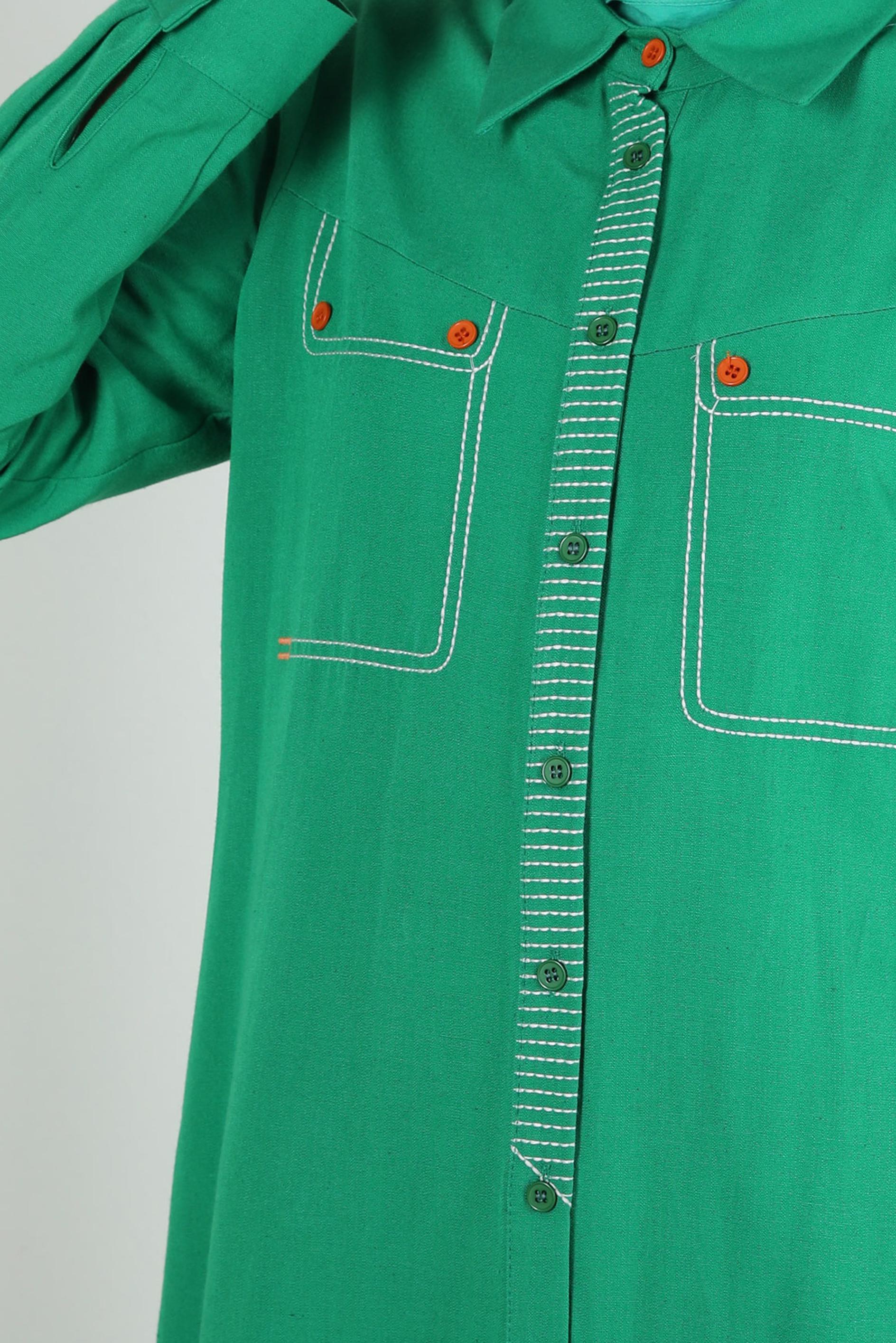 Tesettür giyim YEŞİL DİKİŞ DETAYLI DÜĞMELİ KETEN TUNİK 43606