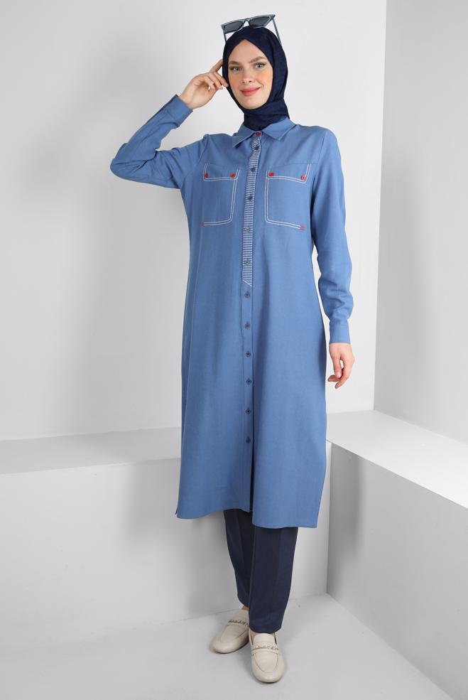 Hijab clothing  STITCH DETAIL LINEN TUNIC WITH BUTTONS 43606 - ALVİNA