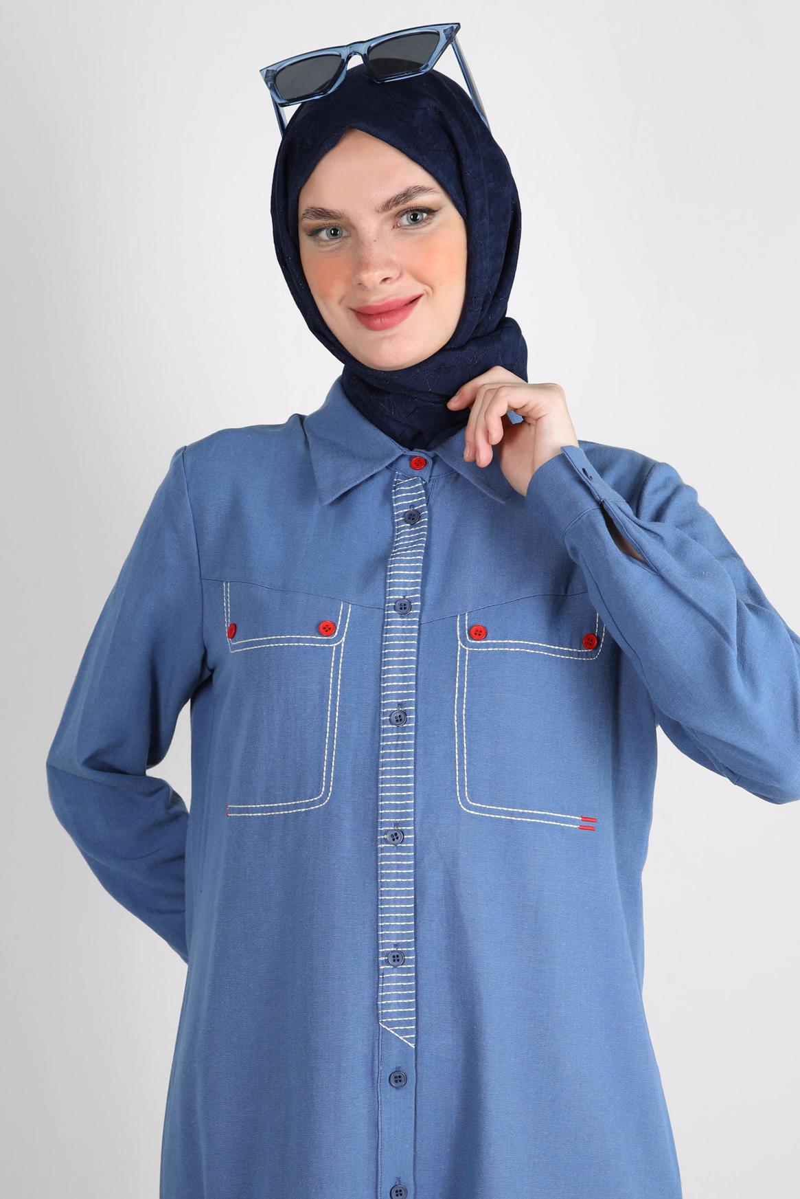 Hijab clothing NAVY BLUE STITCH DETAIL LINEN TUNIC WITH BUTTONS 43606