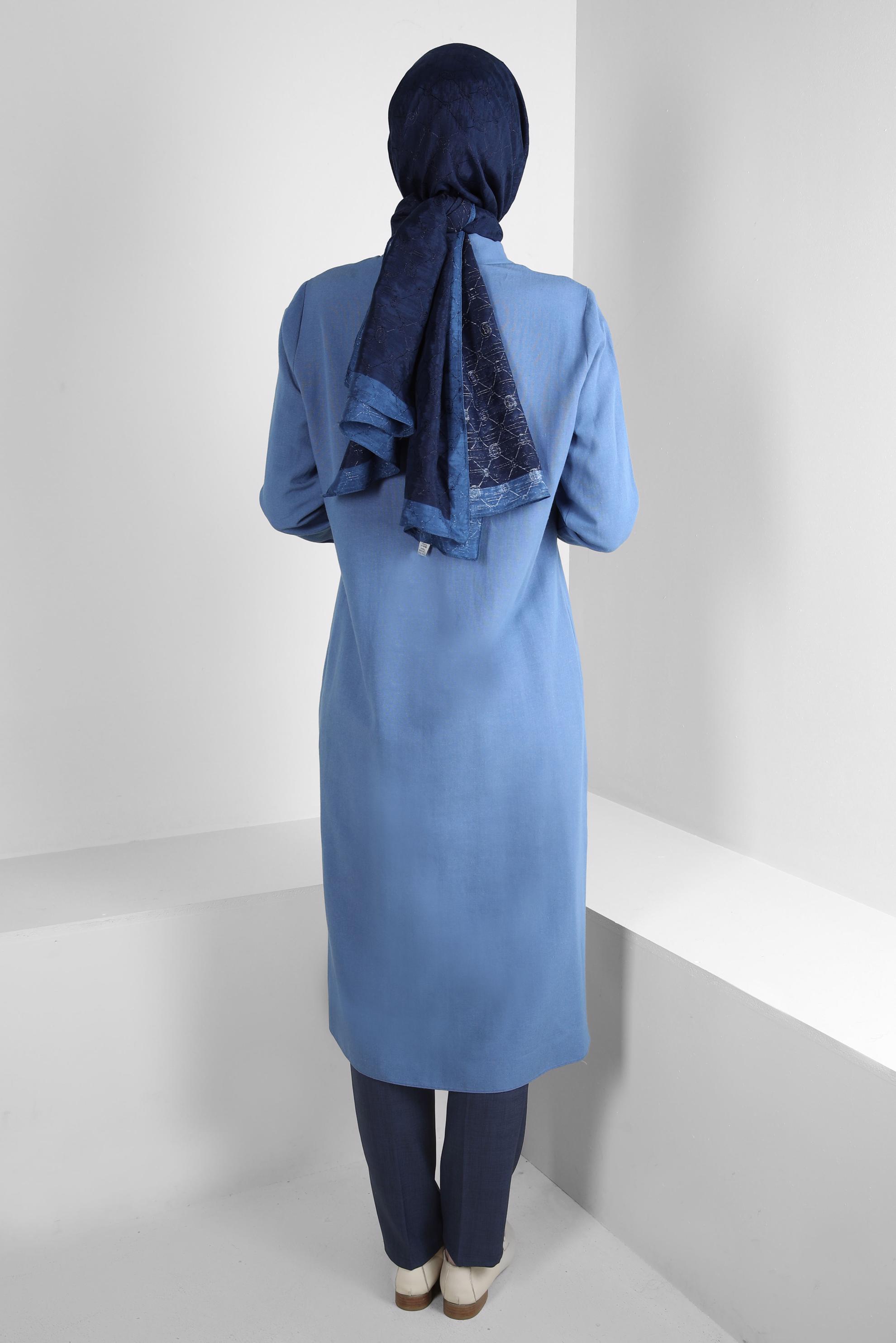 Hijab clothing NAVY BLUE STITCH DETAIL LINEN TUNIC WITH BUTTONS 43606