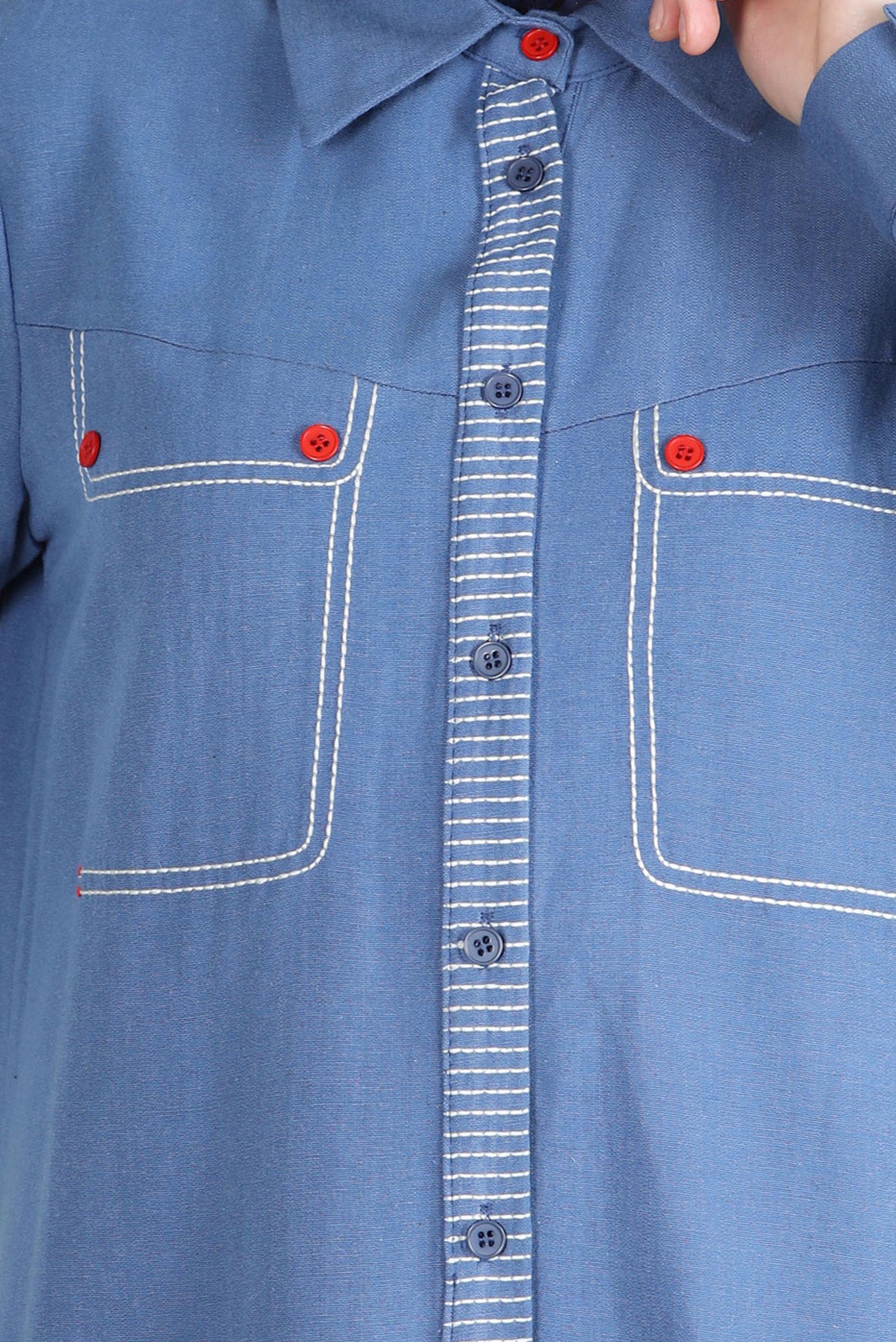 Hijab clothing NAVY BLUE STITCH DETAIL LINEN TUNIC WITH BUTTONS 43606