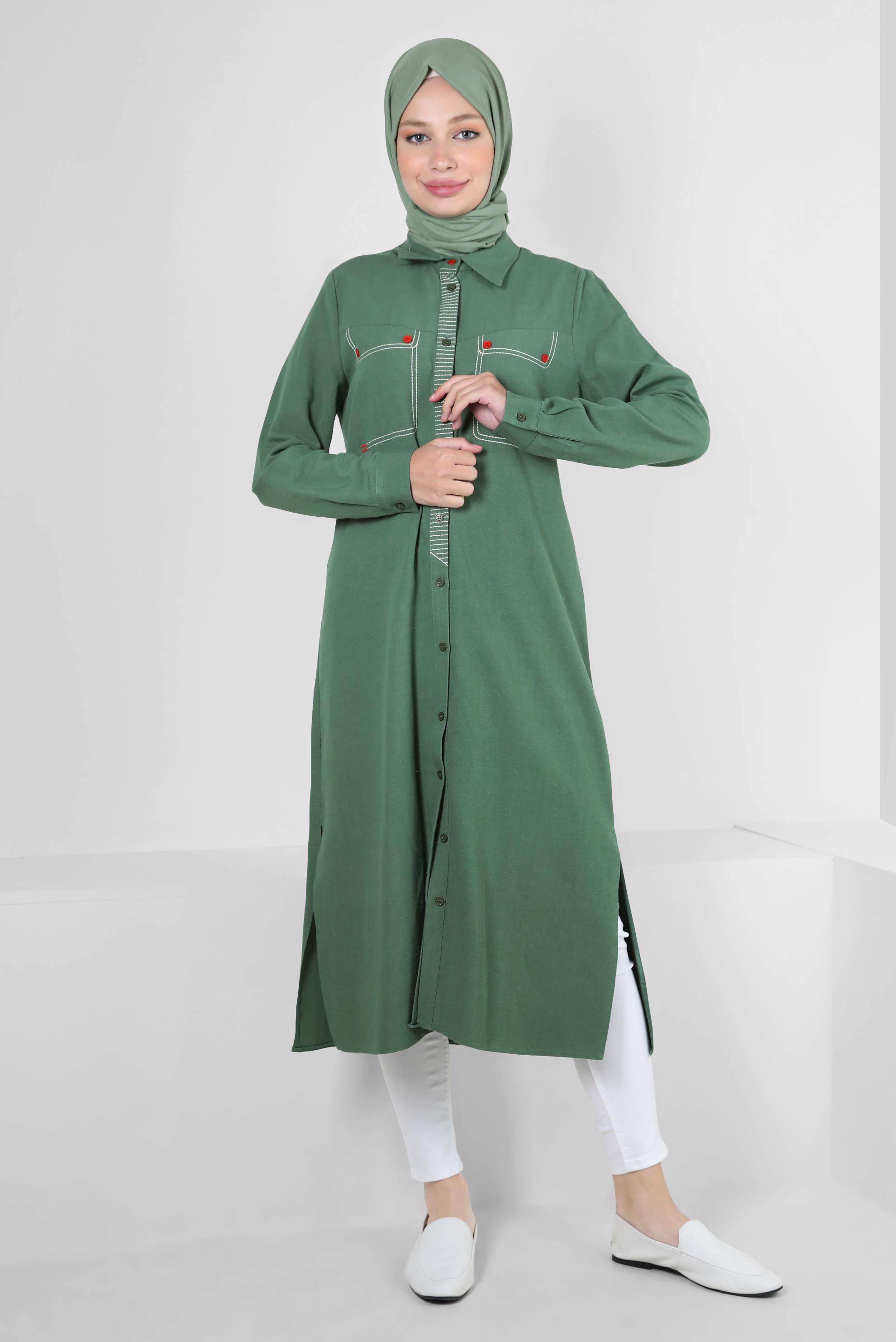 Tesettür giyim YEŞİL DİKİŞ DETAYLI DÜĞMELİ KETEN TUNİK 43606