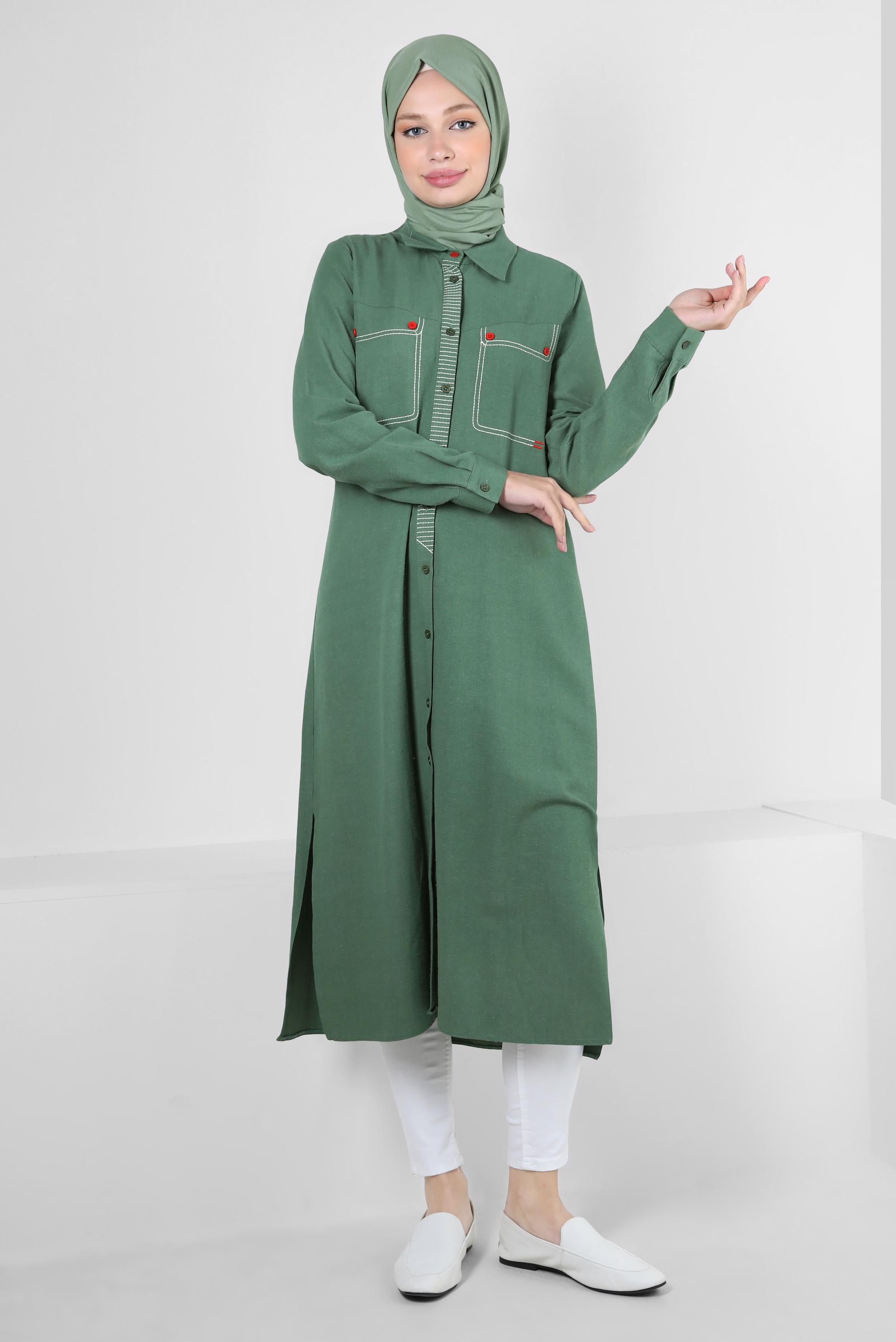Tesettür giyim YEŞİL DİKİŞ DETAYLI DÜĞMELİ KETEN TUNİK 43606