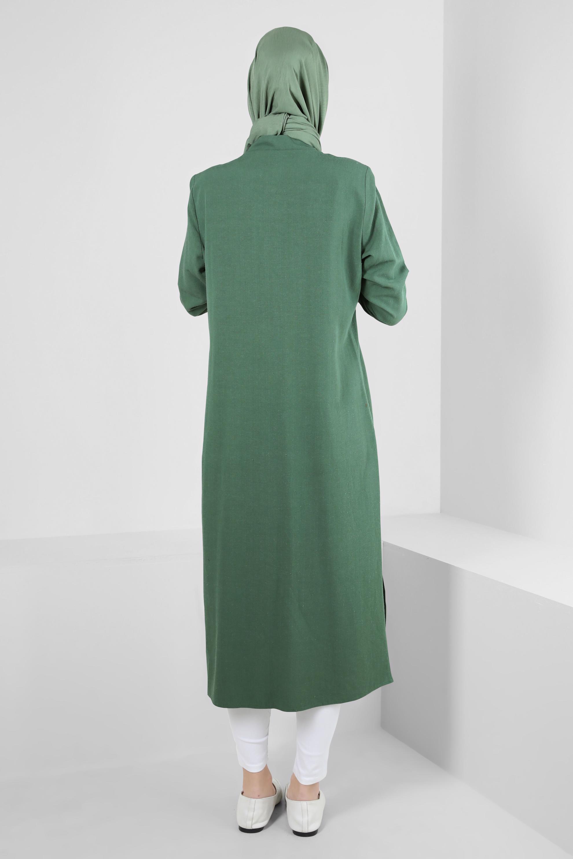 Tesettür giyim YEŞİL DİKİŞ DETAYLI DÜĞMELİ KETEN TUNİK 43606