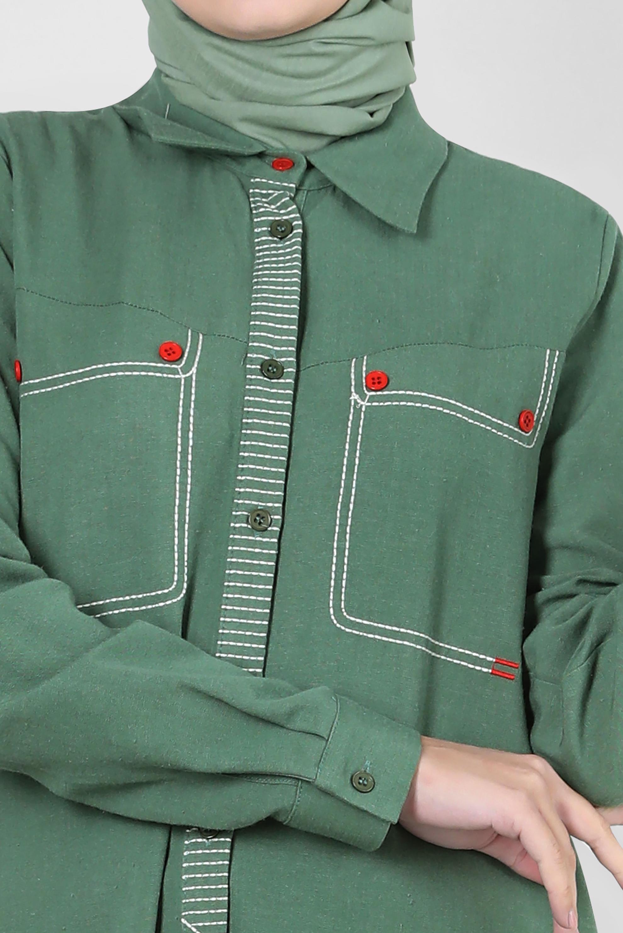 Tesettür giyim YEŞİL DİKİŞ DETAYLI DÜĞMELİ KETEN TUNİK 43606