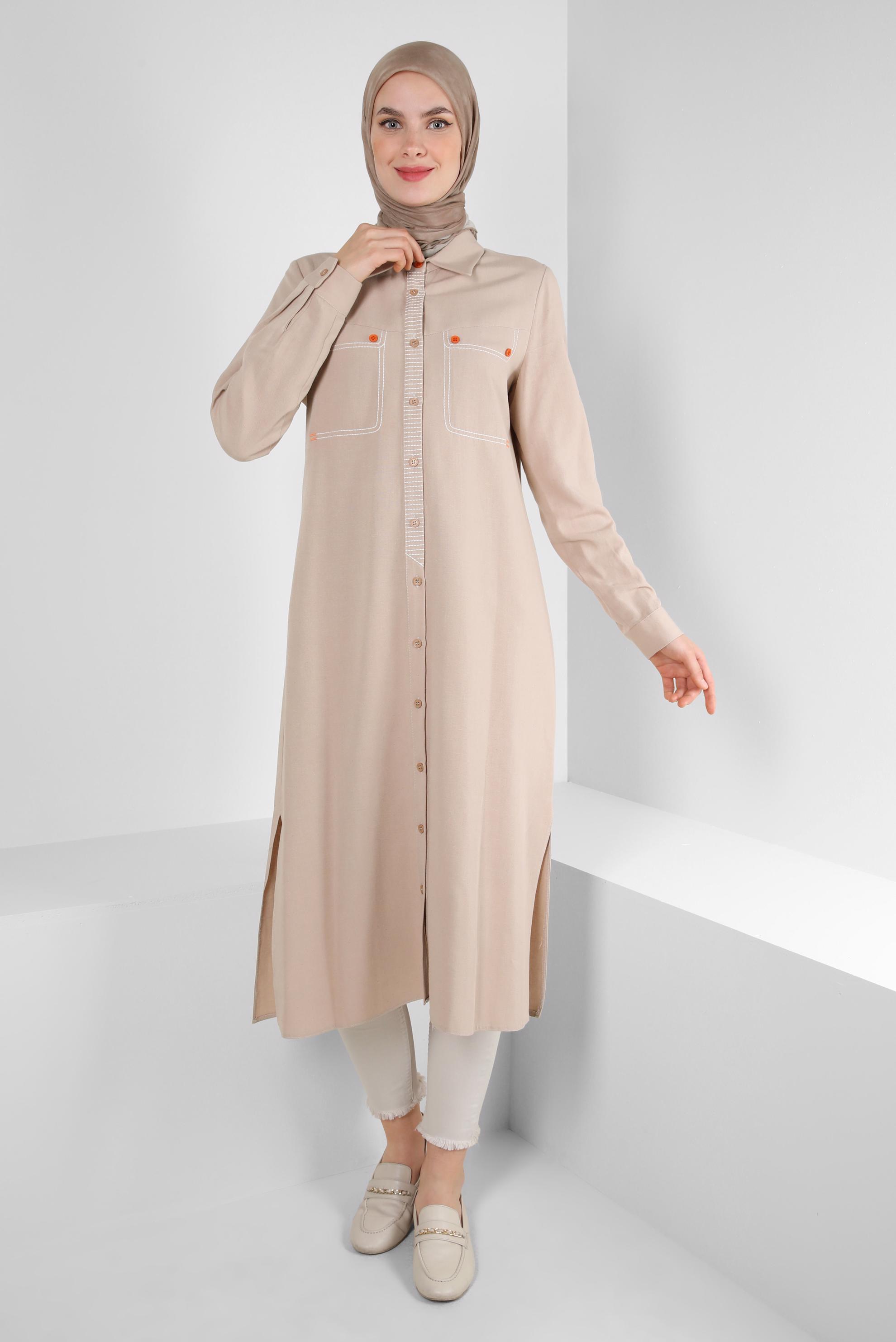 Tesettür giyim KAHVE DİKİŞ DETAYLI DÜĞMELİ KETEN TUNİK 43606