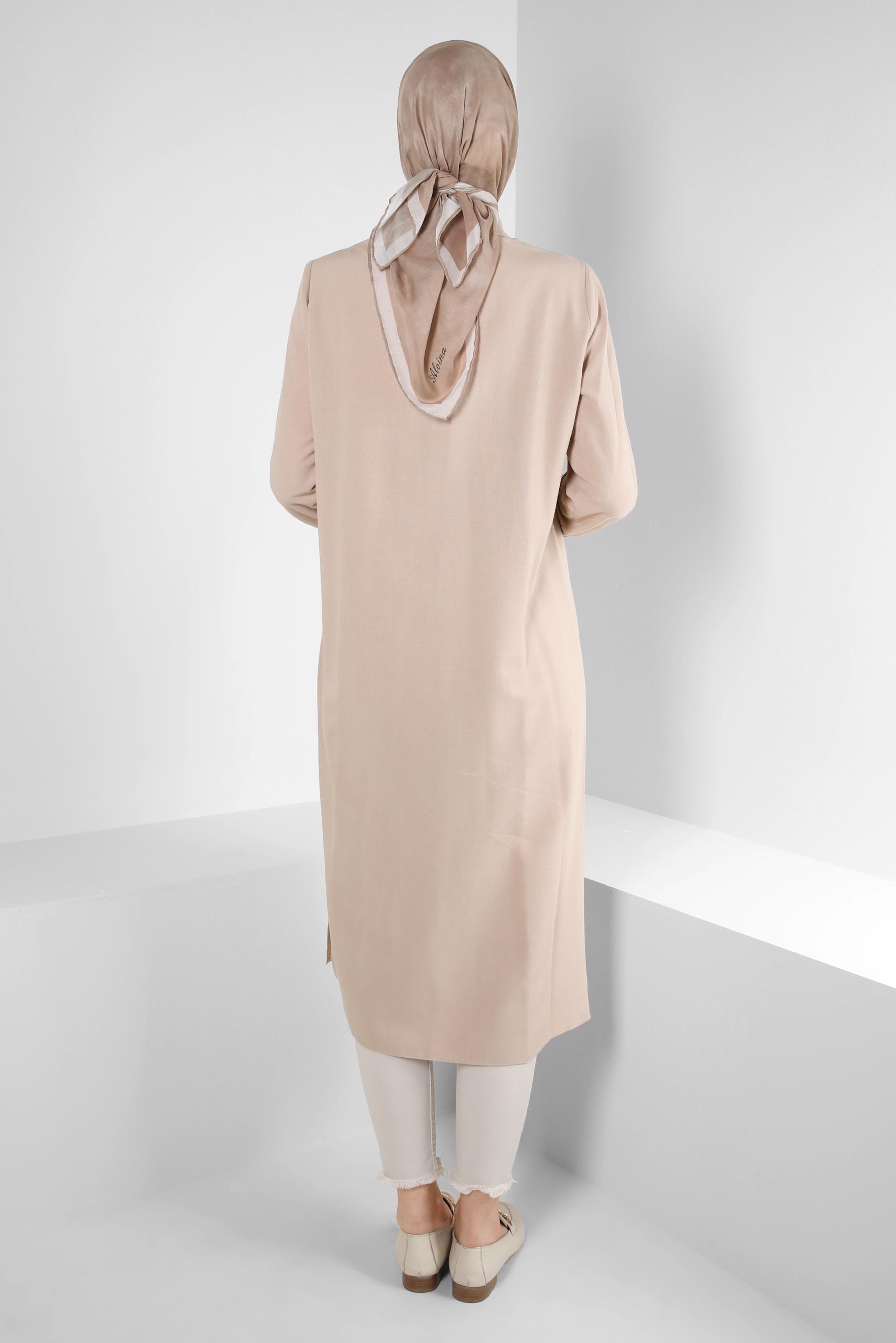 Tesettür giyim KAHVE DİKİŞ DETAYLI DÜĞMELİ KETEN TUNİK 43606