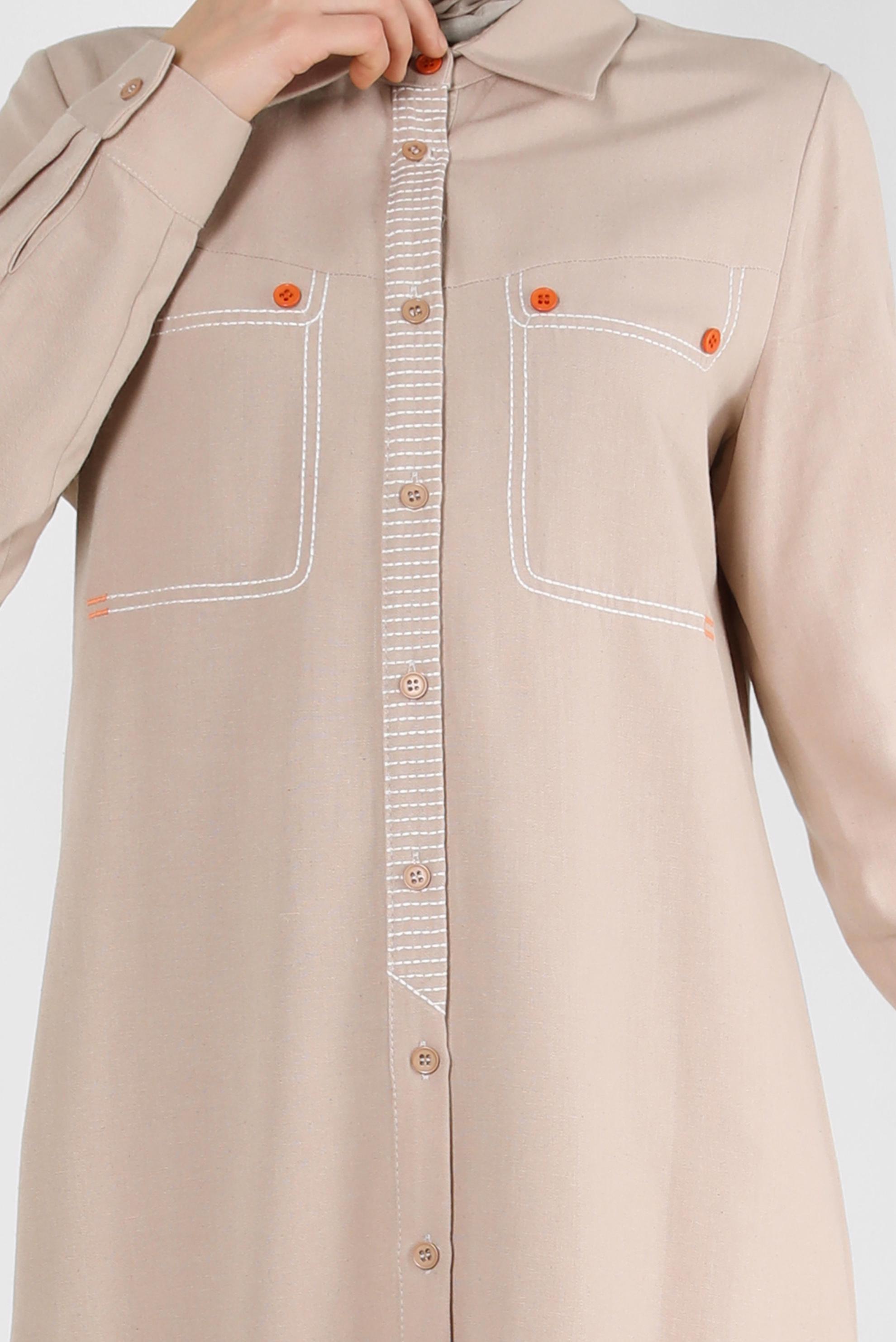 Tesettür giyim KAHVE DİKİŞ DETAYLI DÜĞMELİ KETEN TUNİK 43606