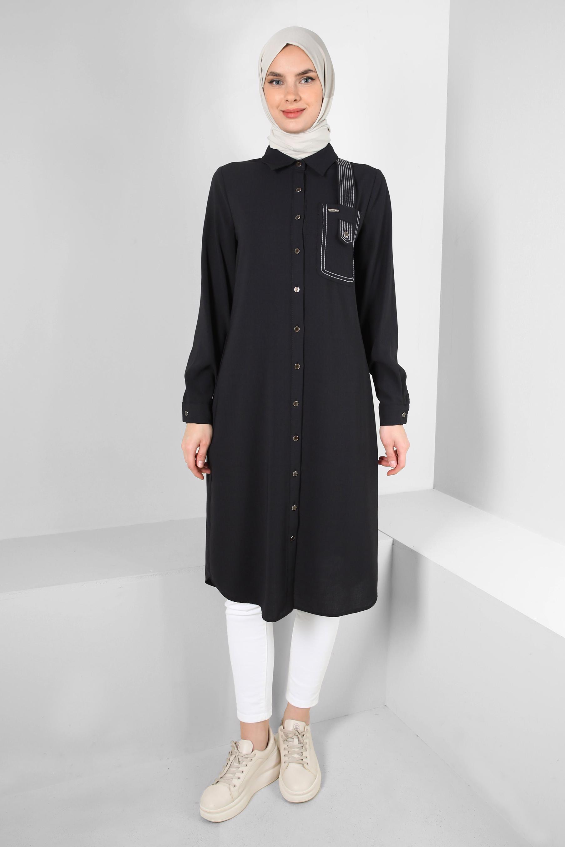 Tesettür giyim SİYAH DİKİŞ DETAYLI DÜĞMELİ UZUN TUNİK 43607