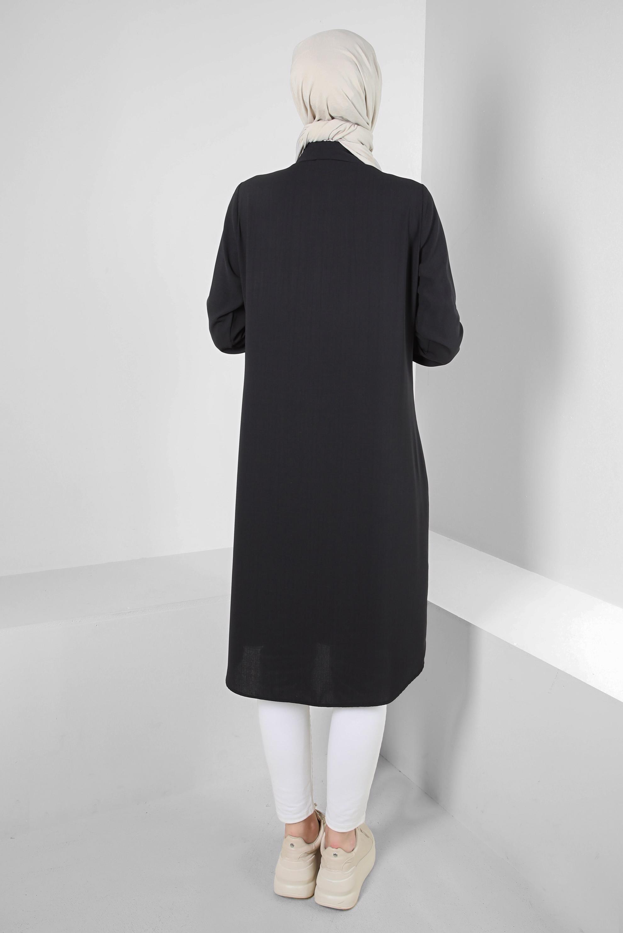 Tesettür giyim SİYAH DİKİŞ DETAYLI DÜĞMELİ UZUN TUNİK 43607