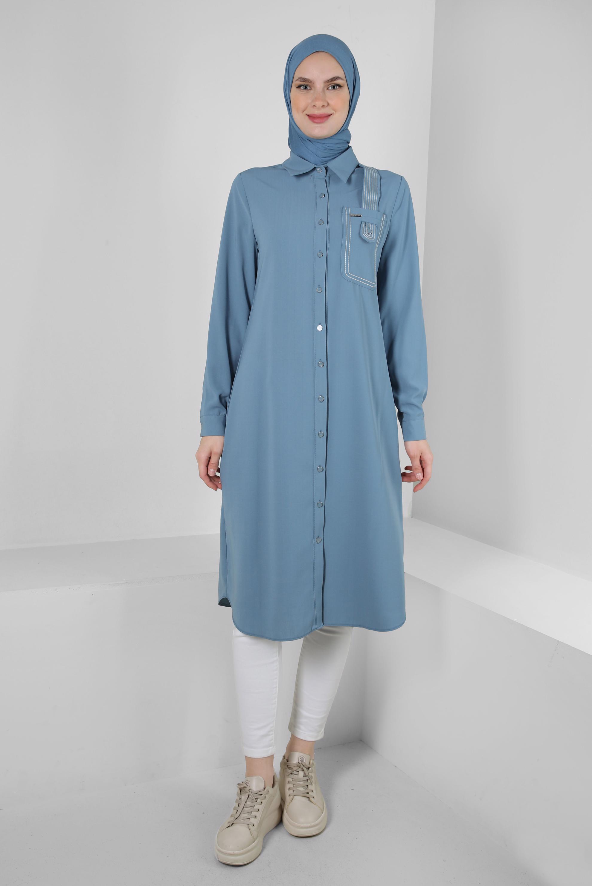 Tesettür giyim MAVİ DİKİŞ DETAYLI DÜĞMELİ UZUN TUNİK 43607