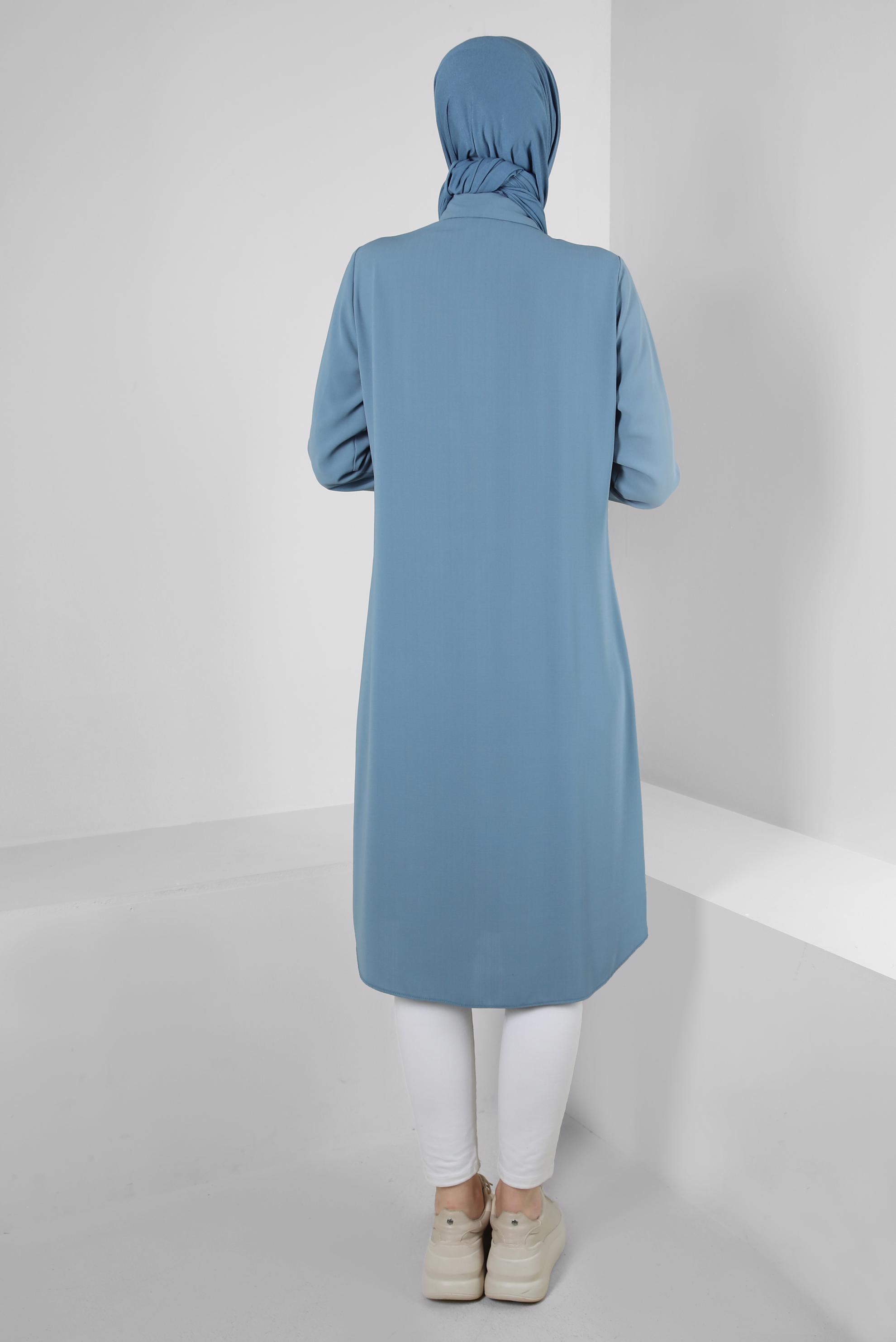 Tesettür giyim MAVİ DİKİŞ DETAYLI DÜĞMELİ UZUN TUNİK 43607