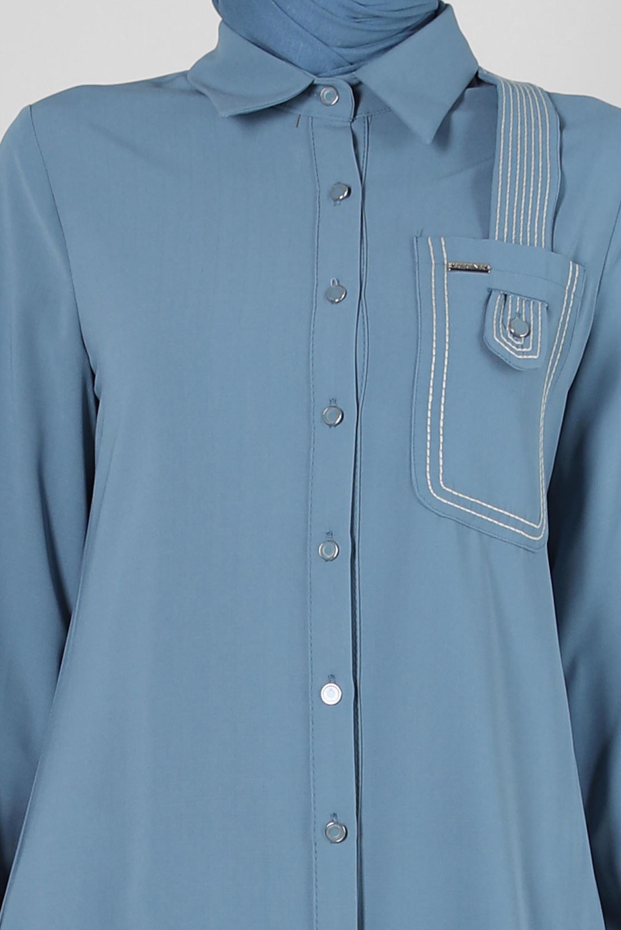 Tesettür giyim MAVİ DİKİŞ DETAYLI DÜĞMELİ UZUN TUNİK 43607