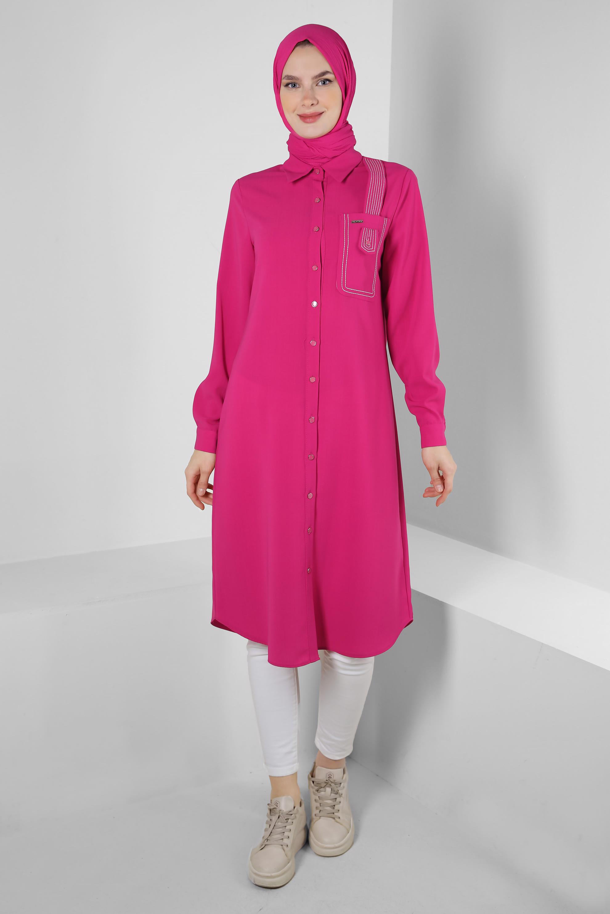Tesettür giyim FUŞYA DİKİŞ DETAYLI DÜĞMELİ UZUN TUNİK 43607