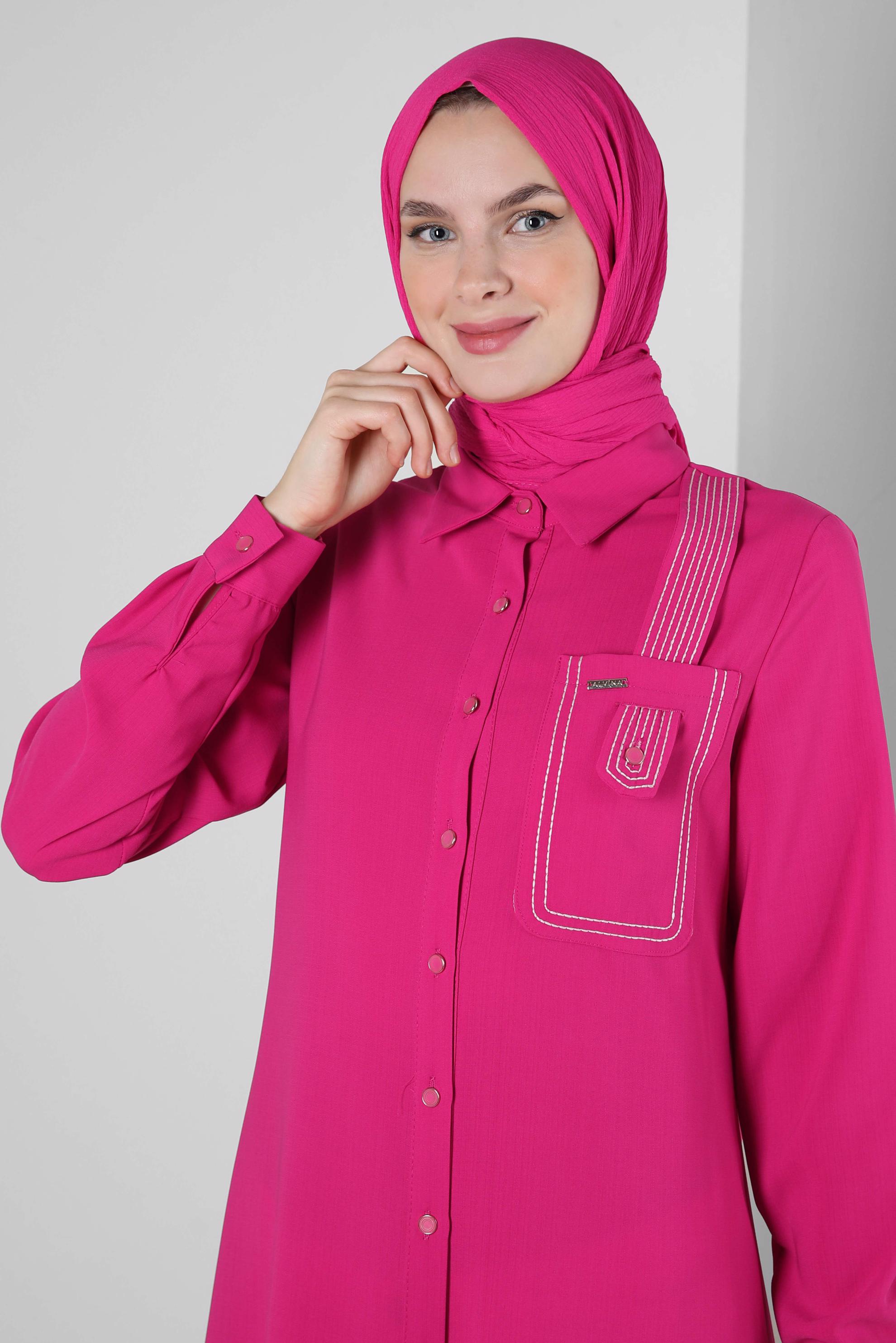 Tesettür giyim FUŞYA DİKİŞ DETAYLI DÜĞMELİ UZUN TUNİK 43607