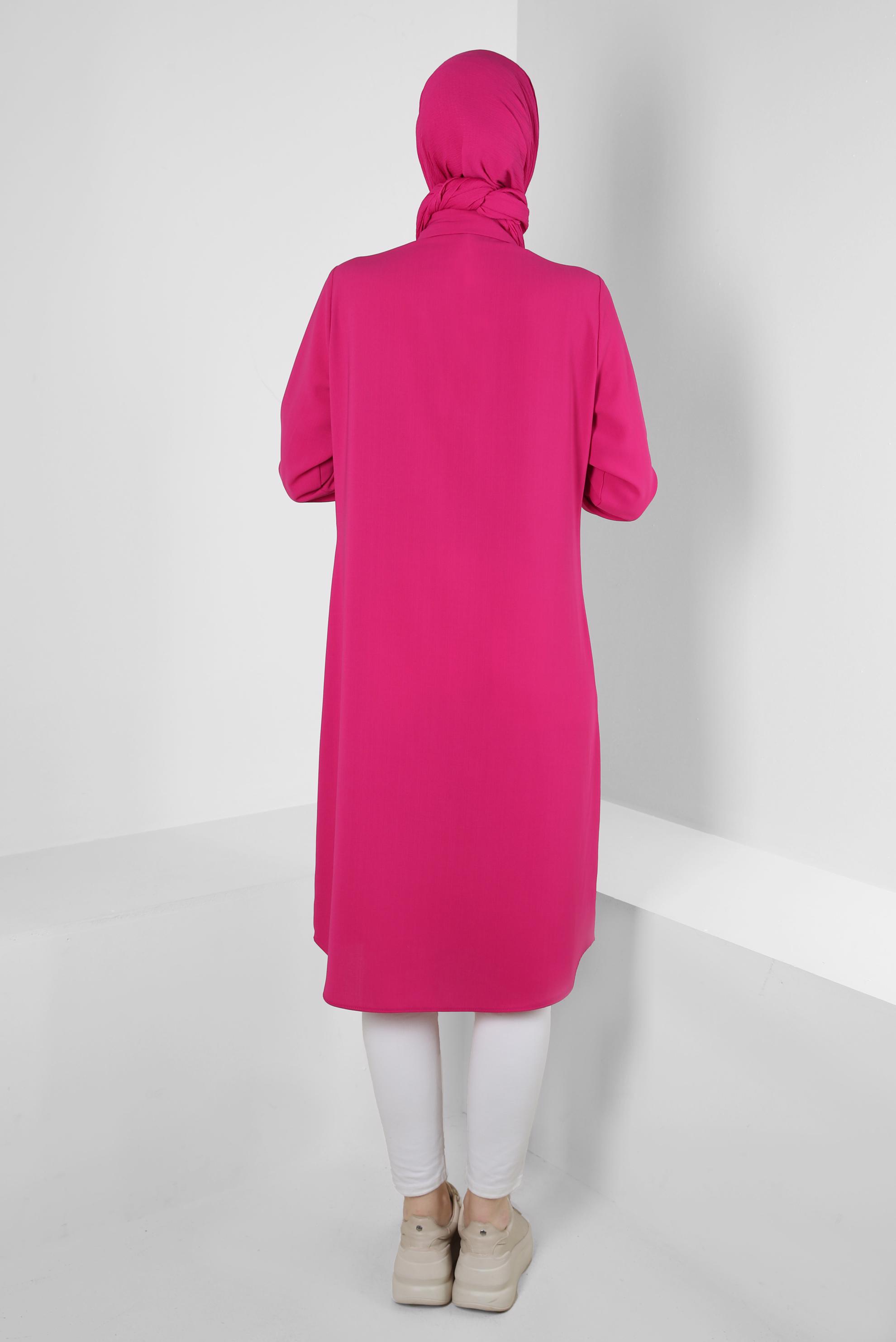 Tesettür giyim FUŞYA DİKİŞ DETAYLI DÜĞMELİ UZUN TUNİK 43607