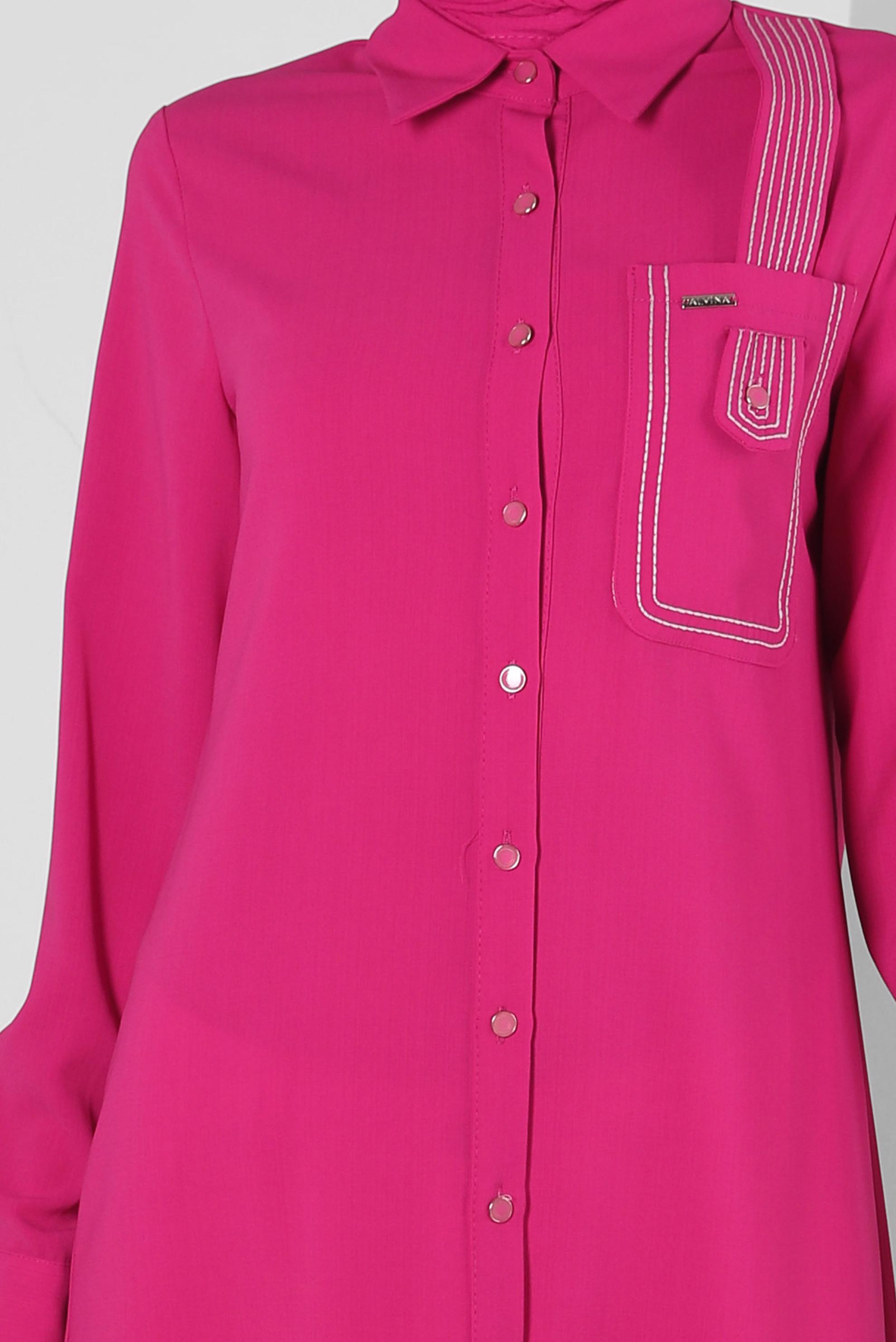 Tesettür giyim FUŞYA DİKİŞ DETAYLI DÜĞMELİ UZUN TUNİK 43607